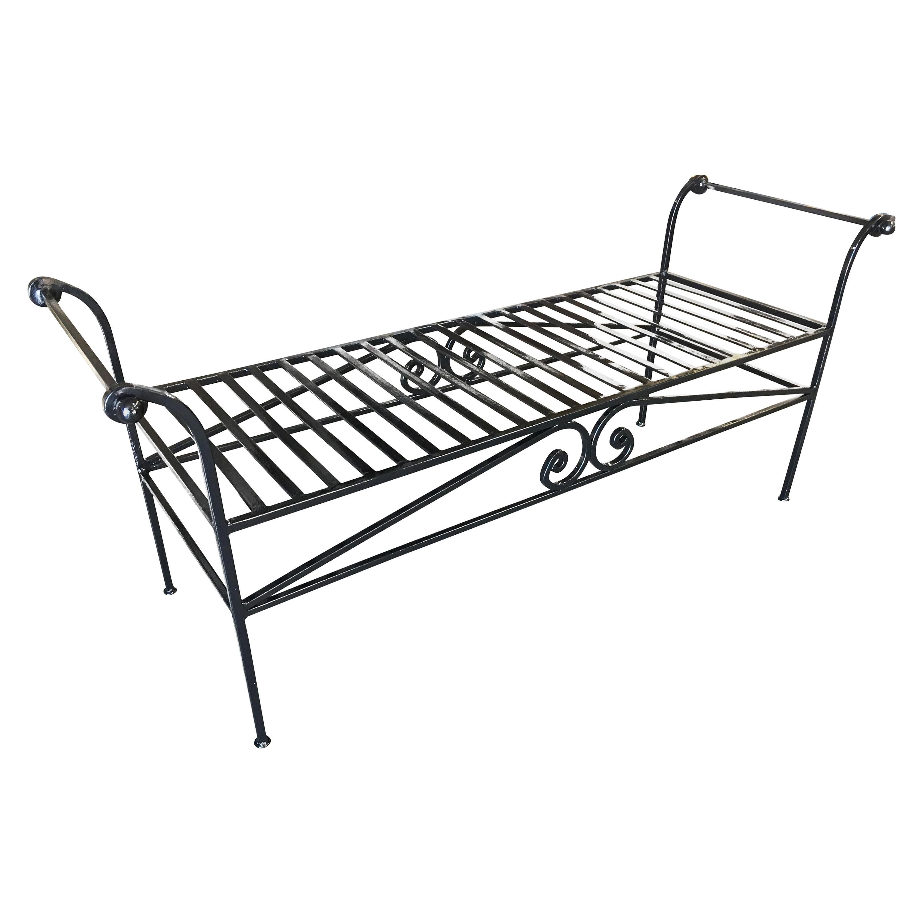 Scrolling Black Wrought Iron Chaise Lounge, Bench For Sale