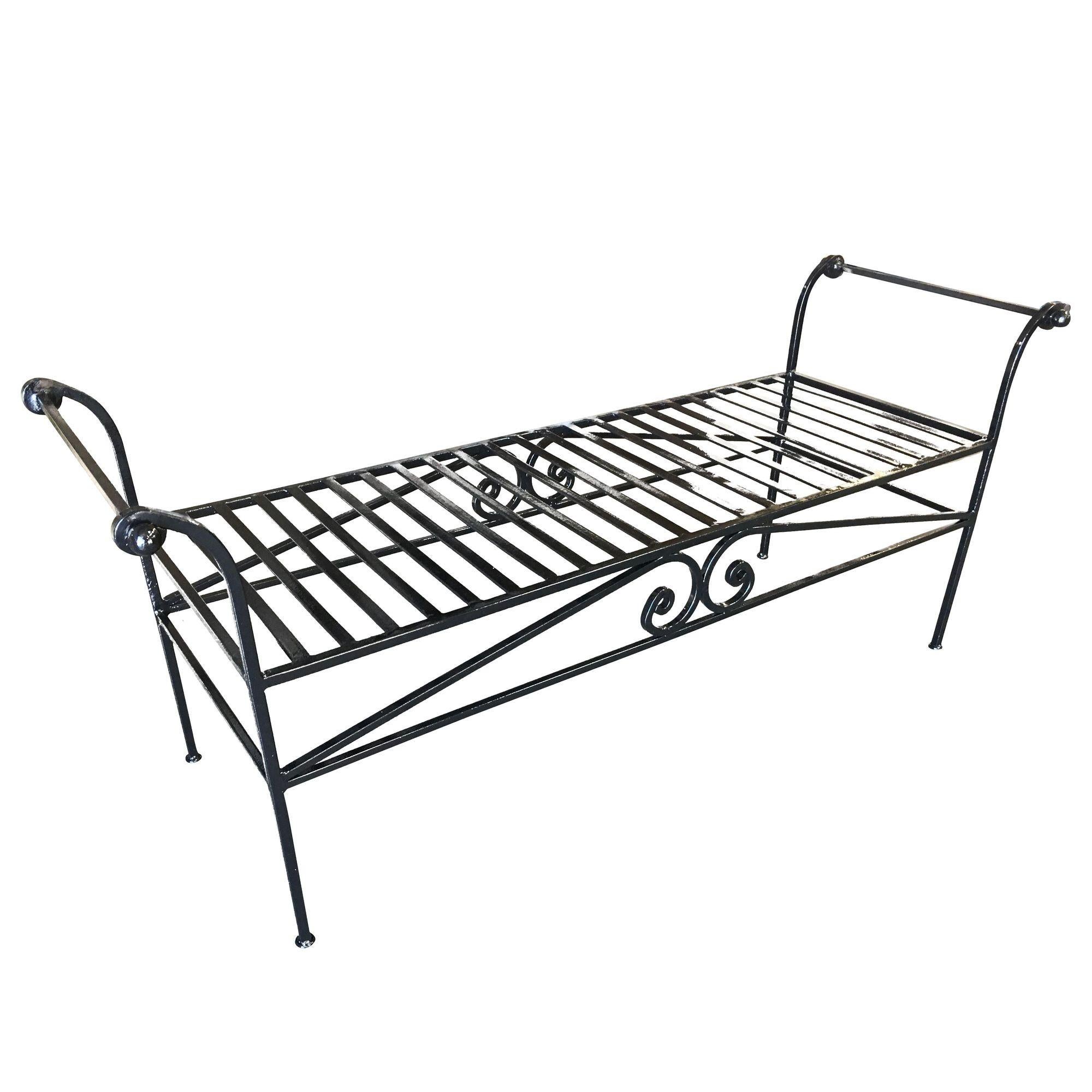 Scrolling Black Wrought Iron Chaise Lounge, Bench For Sale