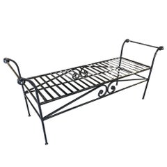 Vintage Scrolling Black Wrought Iron Chaise Lounge, Bench