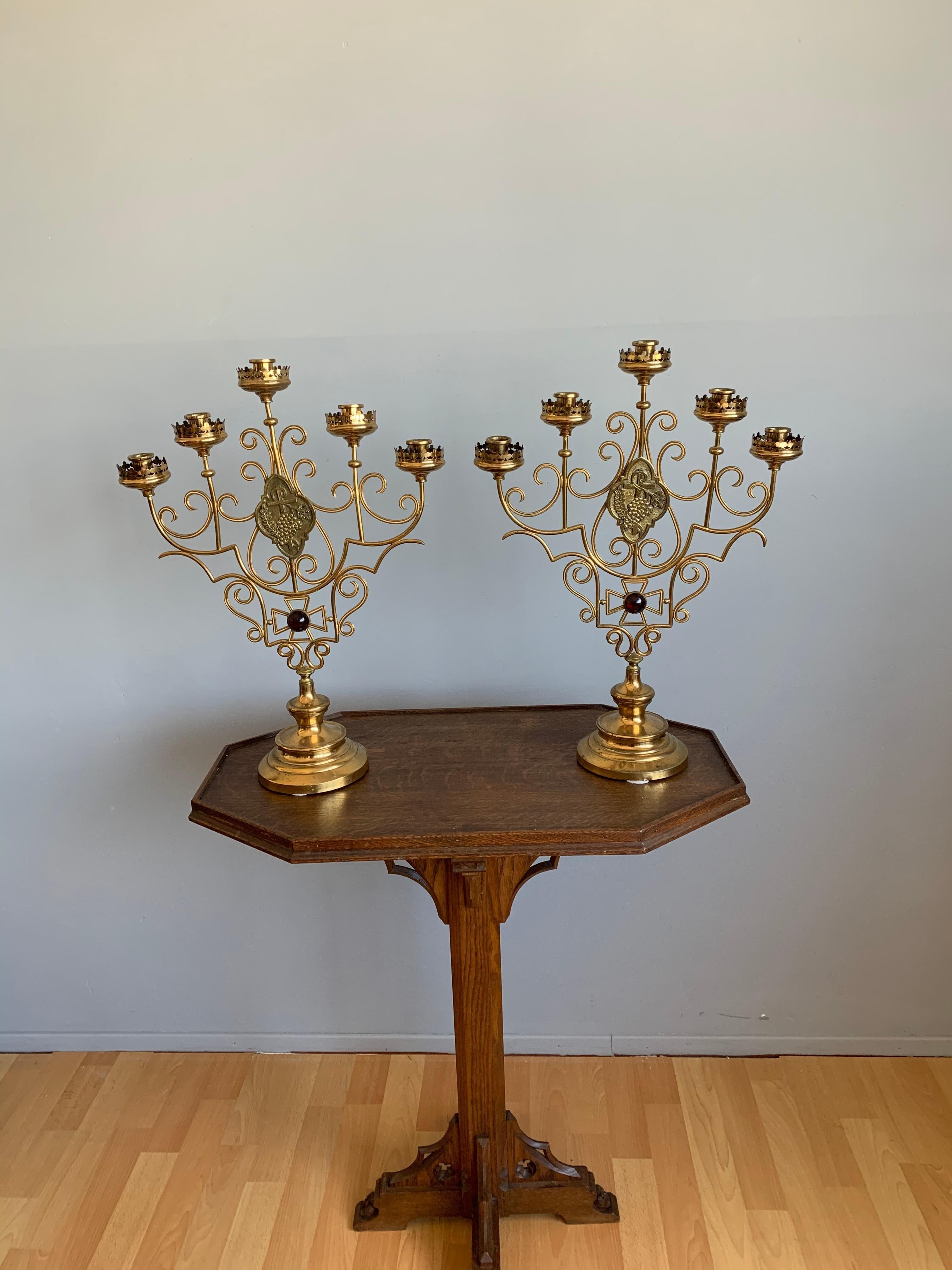Stylish and very decorative pair of antique church candleholders. 

If you are looking for stylish, practical and truly decorative candelabras then this antique pair could be perfect for you. All handcrafted in the early 1900s this pair holds five