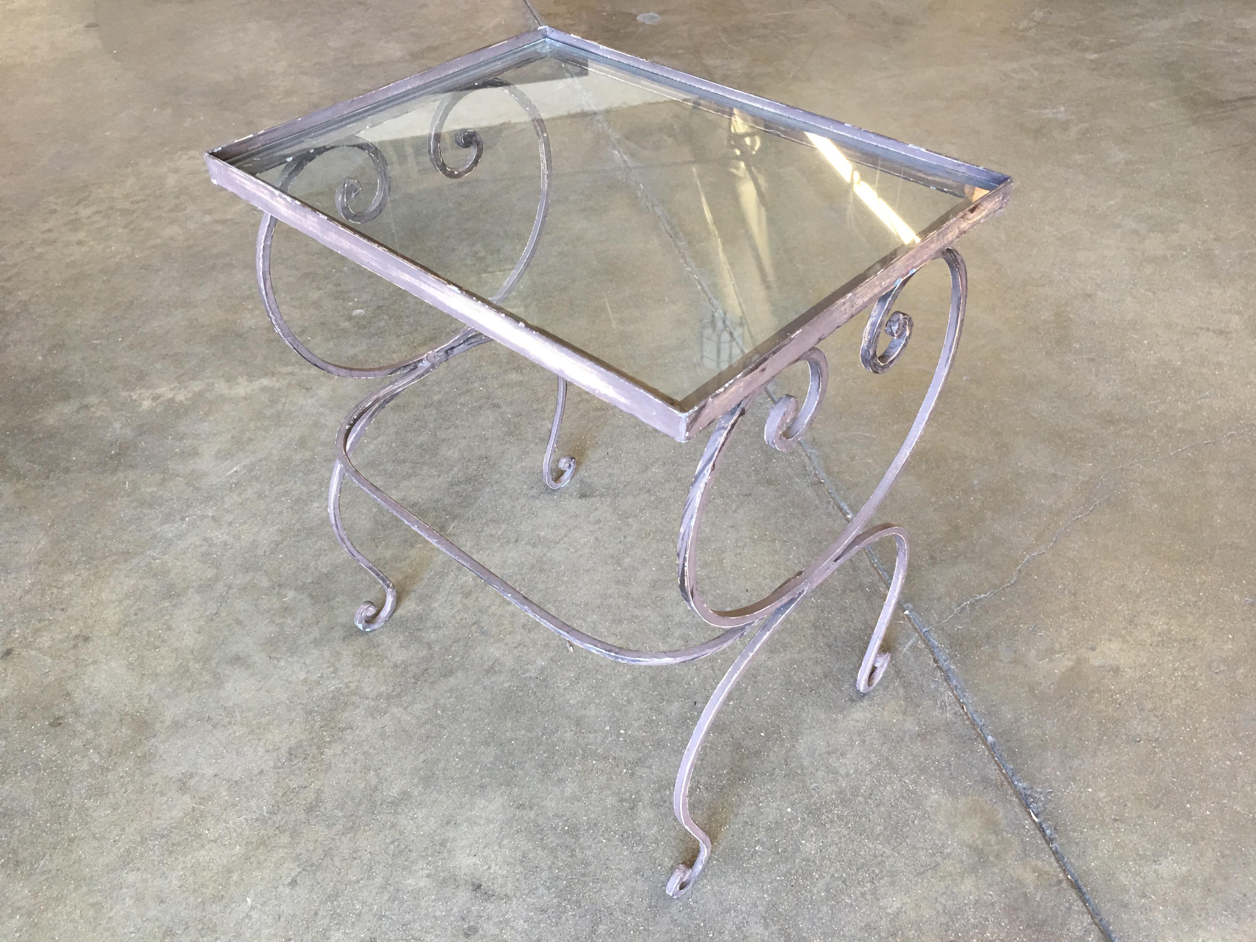 Late 20th Century Scrolling Steel Outdoor/Patio Nesting Side Tables with Glass Tops, Set of 3