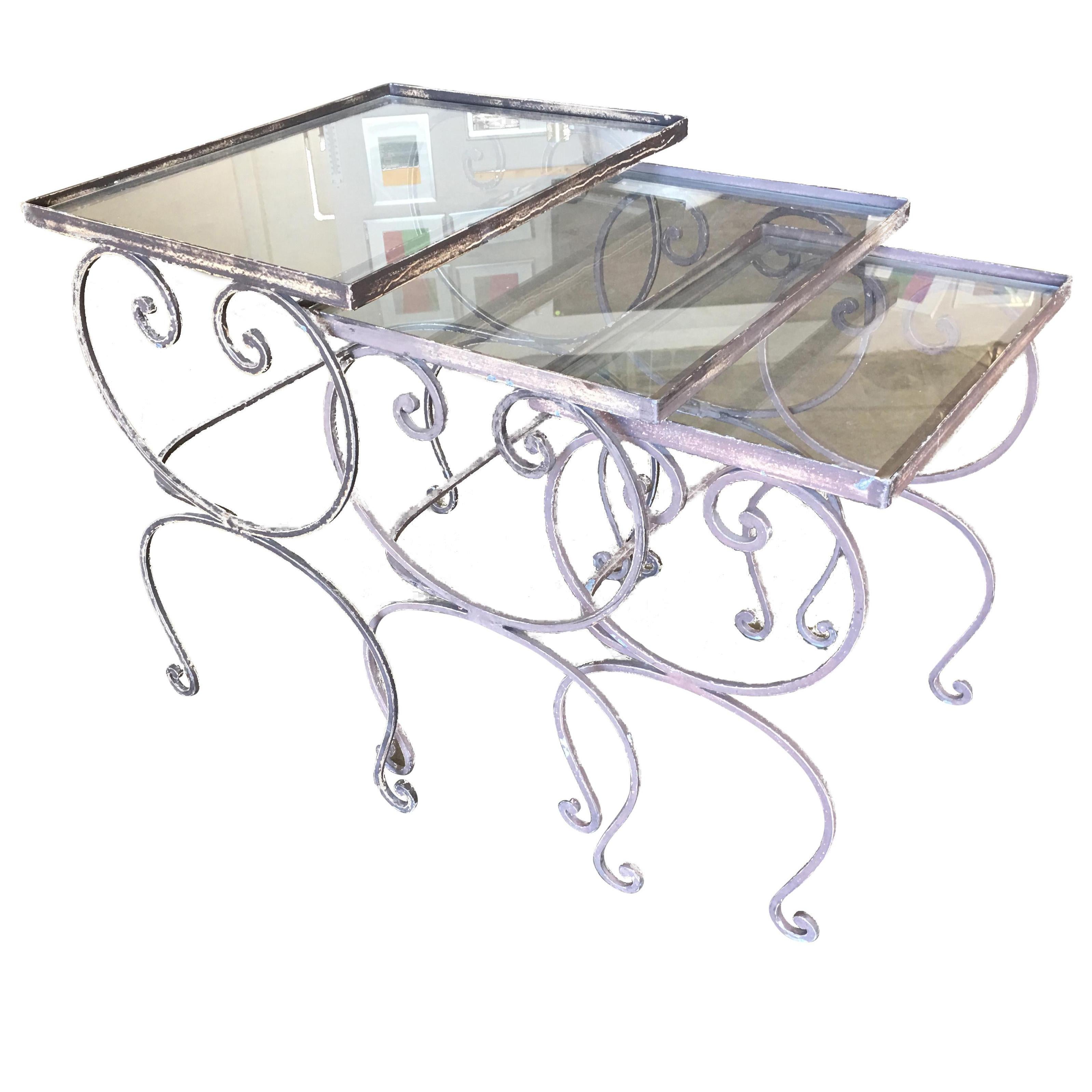Scrolling Steel Outdoor/Patio Nesting Side Tables with Glass Tops, Set of 3