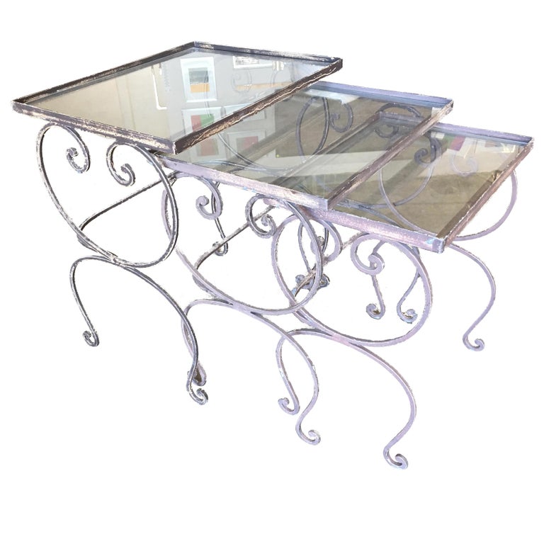 Scrolling Steel Outdoor/Patio Nesting Side Tables with Glass Tops, Set of 3  For Sale at 1stDibs | outdoor stacking tables, patio glass tops, outdoor  nesting tables
