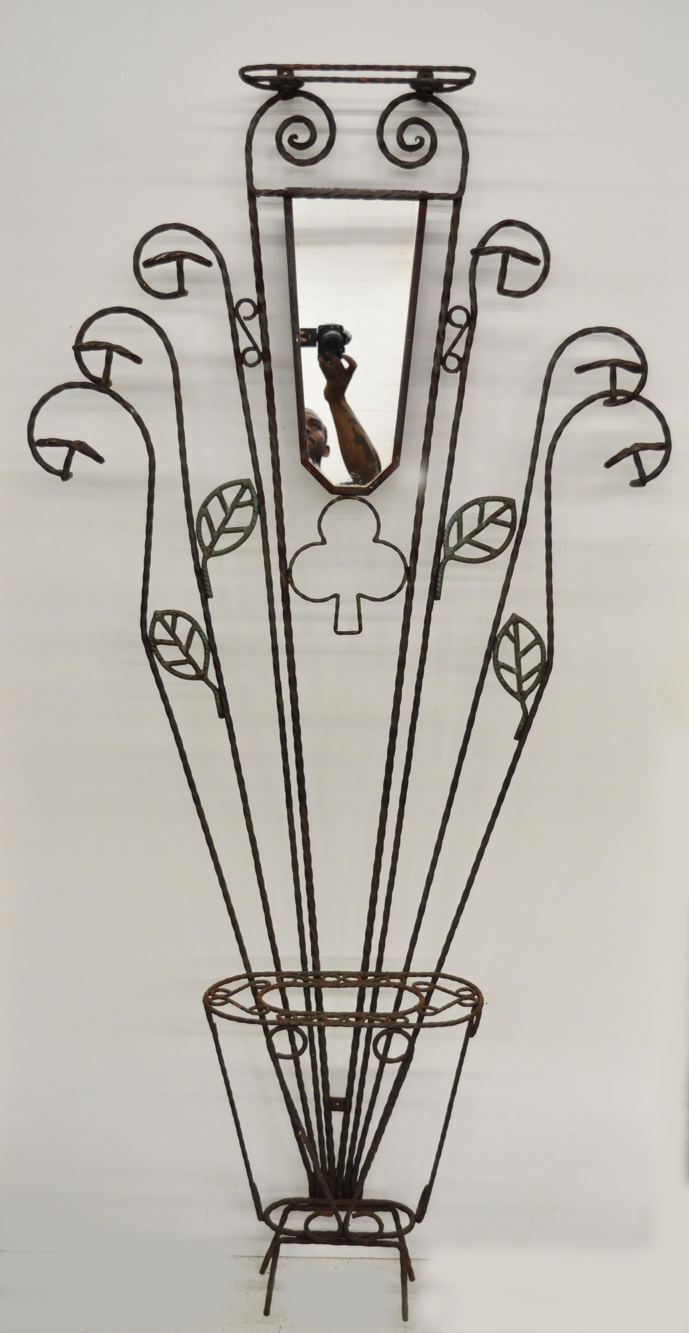 Scrolling Wrought Iron Hall Tree Coat Umbrella Mirror Stand Arts & Crafts Style 5