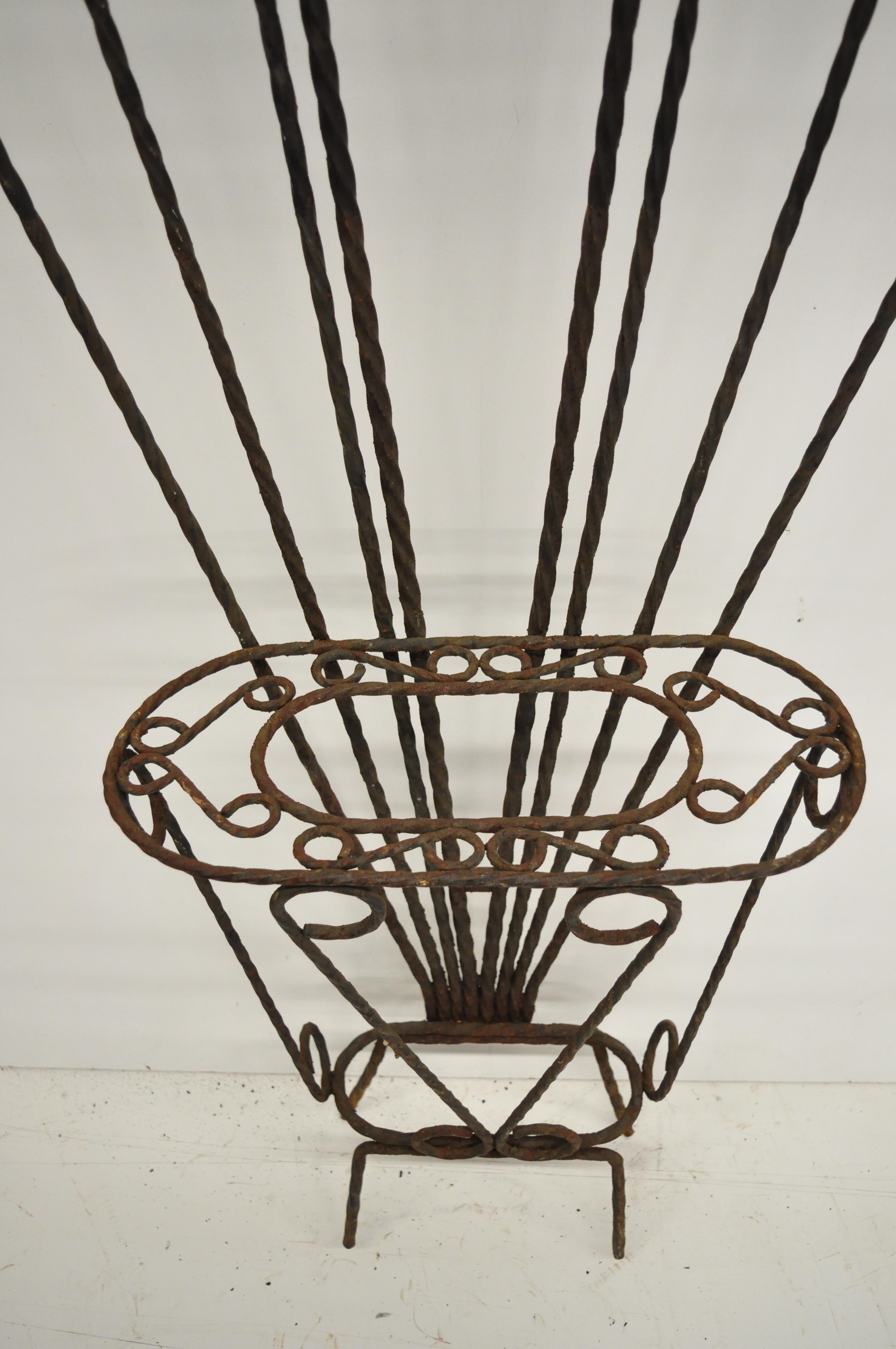 Scrolling Wrought Iron Hall Tree Coat Umbrella Mirror Stand Arts & Crafts Style In Distressed Condition For Sale In Philadelphia, PA