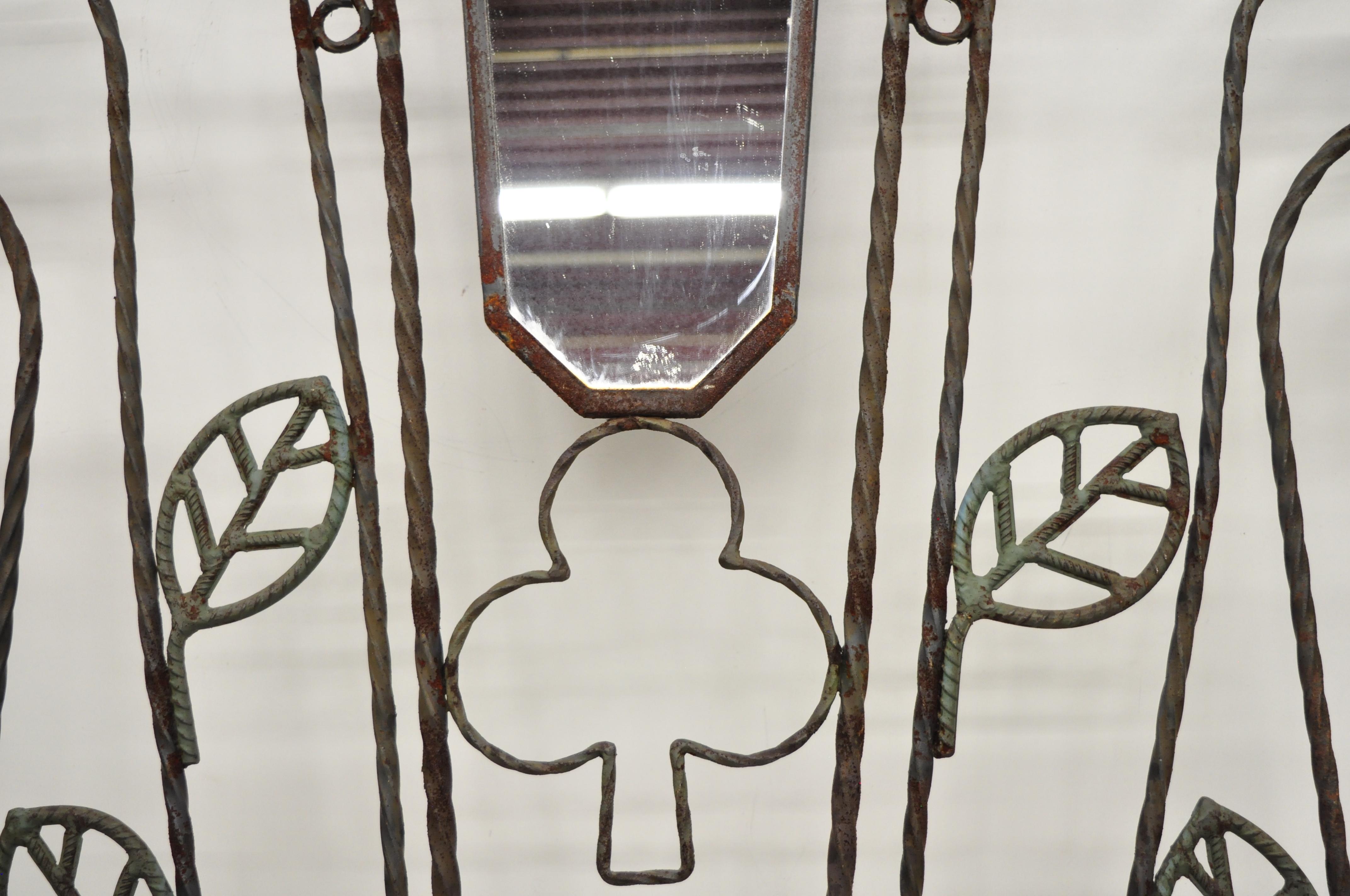 20th Century Scrolling Wrought Iron Hall Tree Coat Umbrella Mirror Stand Arts & Crafts Style