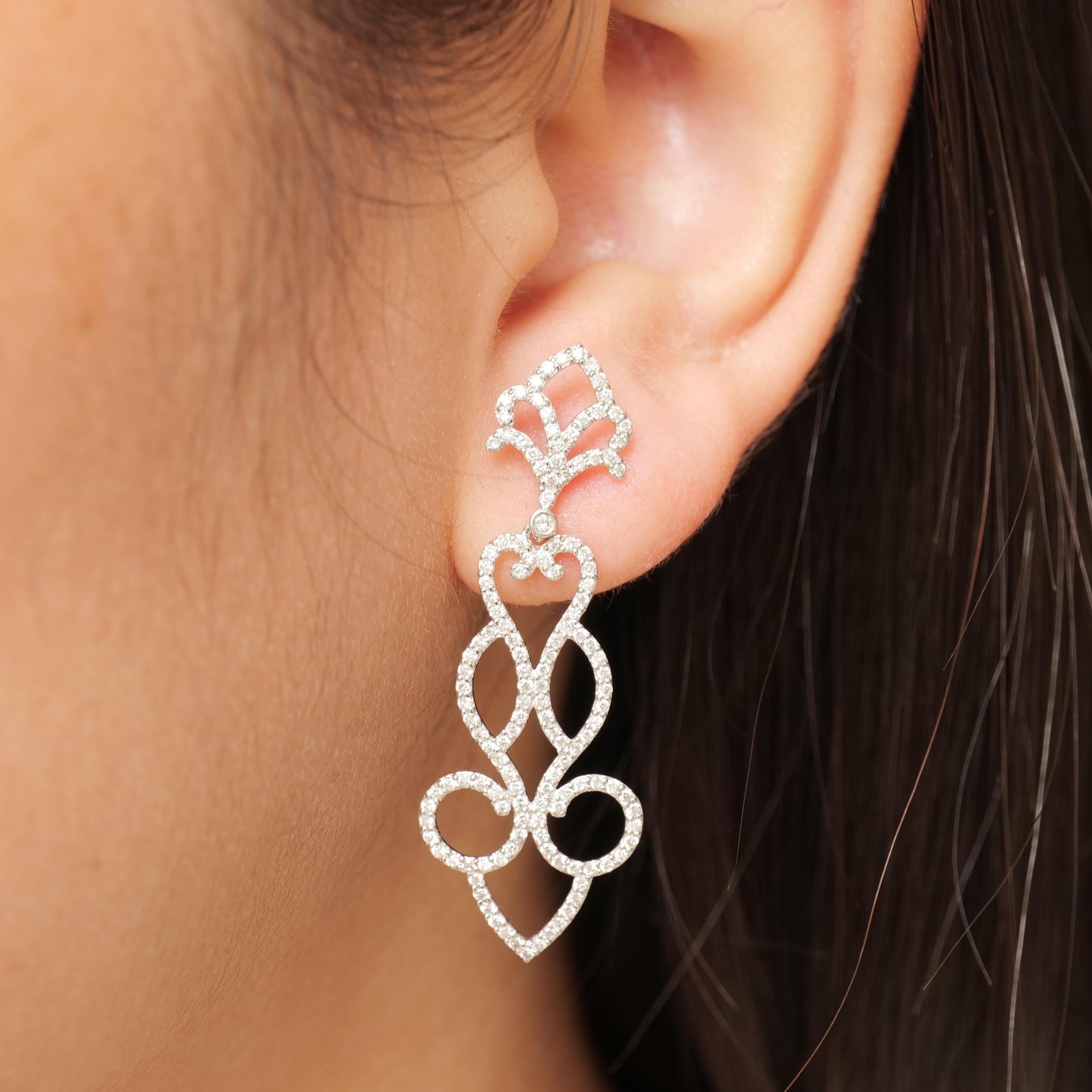 Art Deco Scrollwork Chandelier Dangle Diamond Earrings in 14K Solid Gold (Certified) For Sale