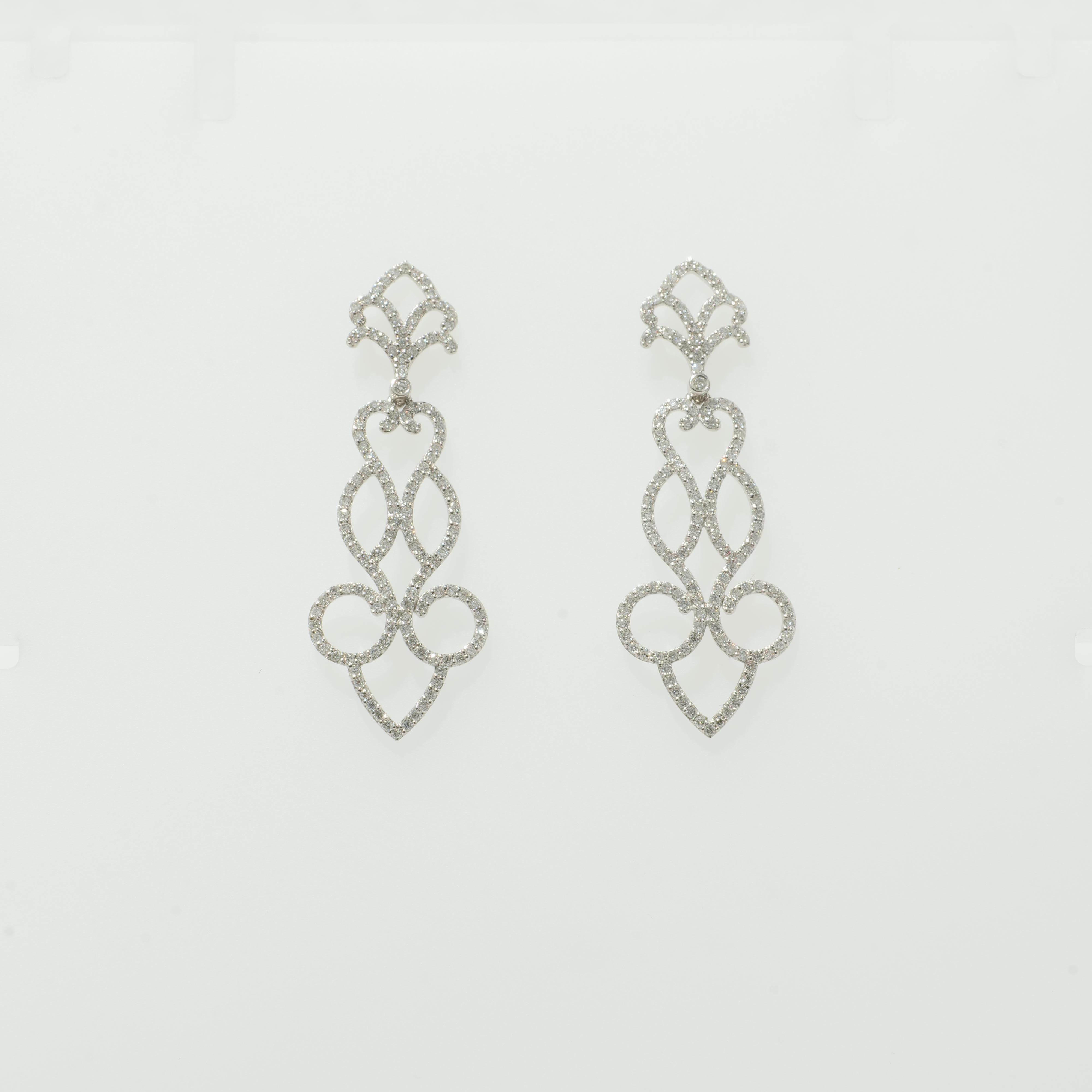 Scrollwork Chandelier Dangle Diamond Earrings in 14K Solid Gold (Certified) In New Condition For Sale In New Delhi, DL