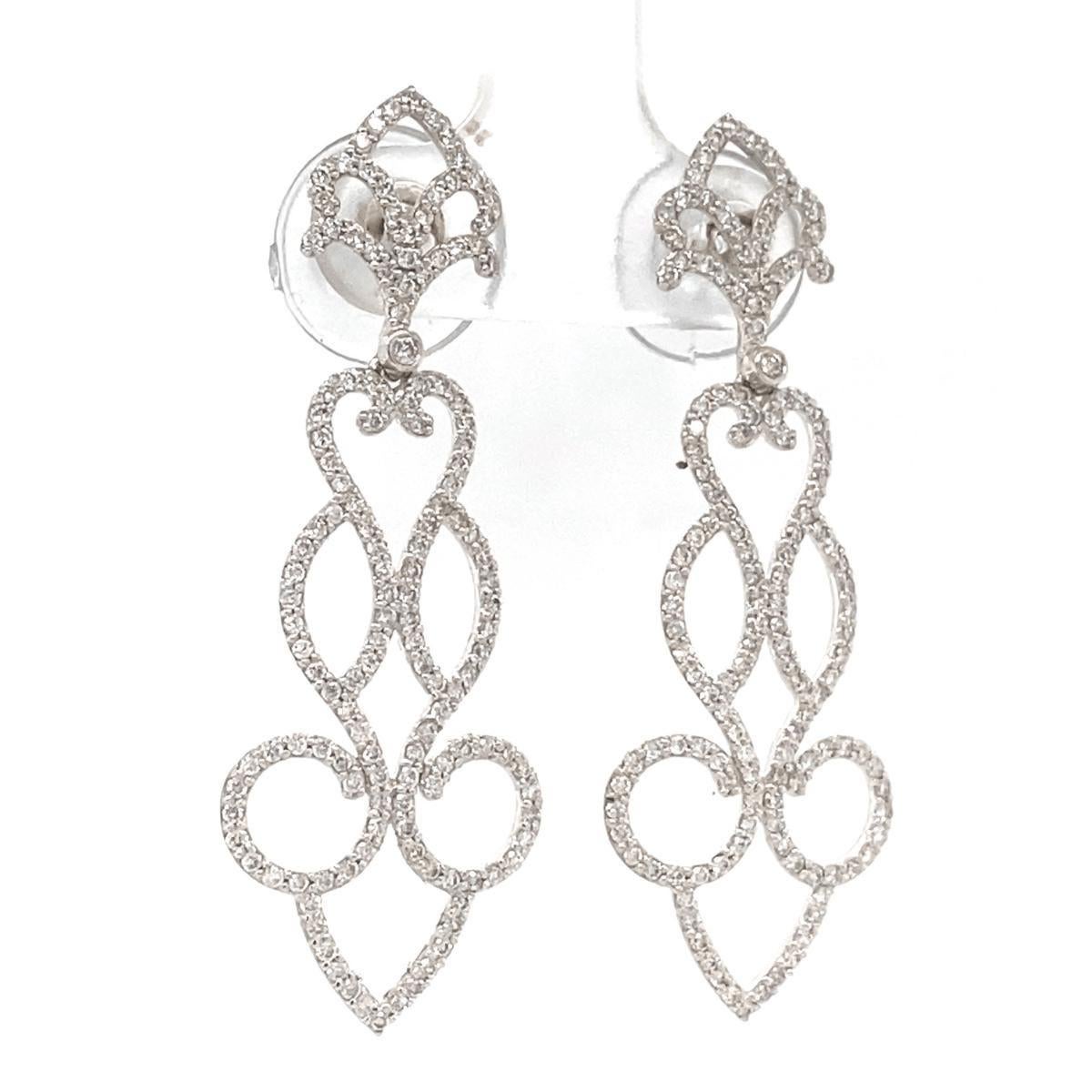 Women's Scrollwork Chandelier Dangle Diamond Earrings in 14K Solid Gold (Certified) For Sale