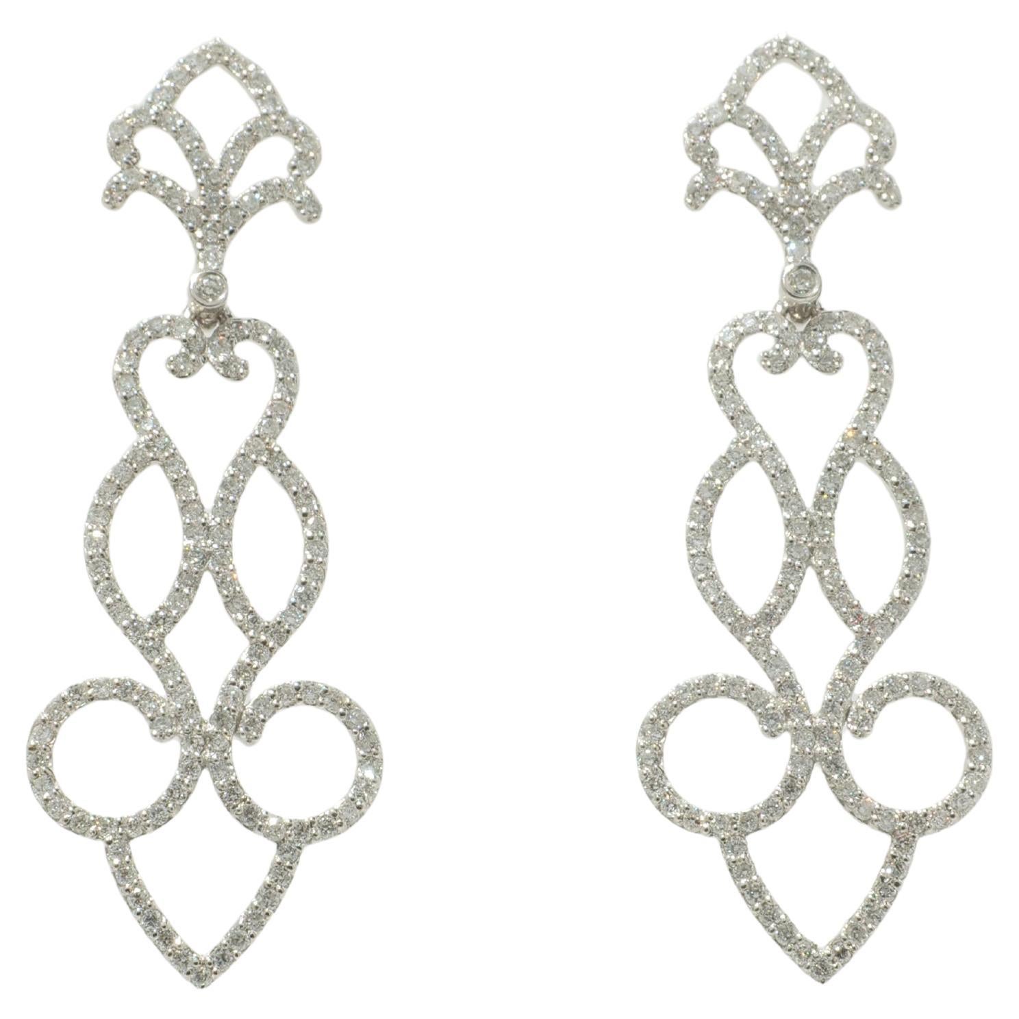 Boucles d'oreilles pendantes en or massif 14 carats (certifié) avec diamant en forme de chandelier à volutes