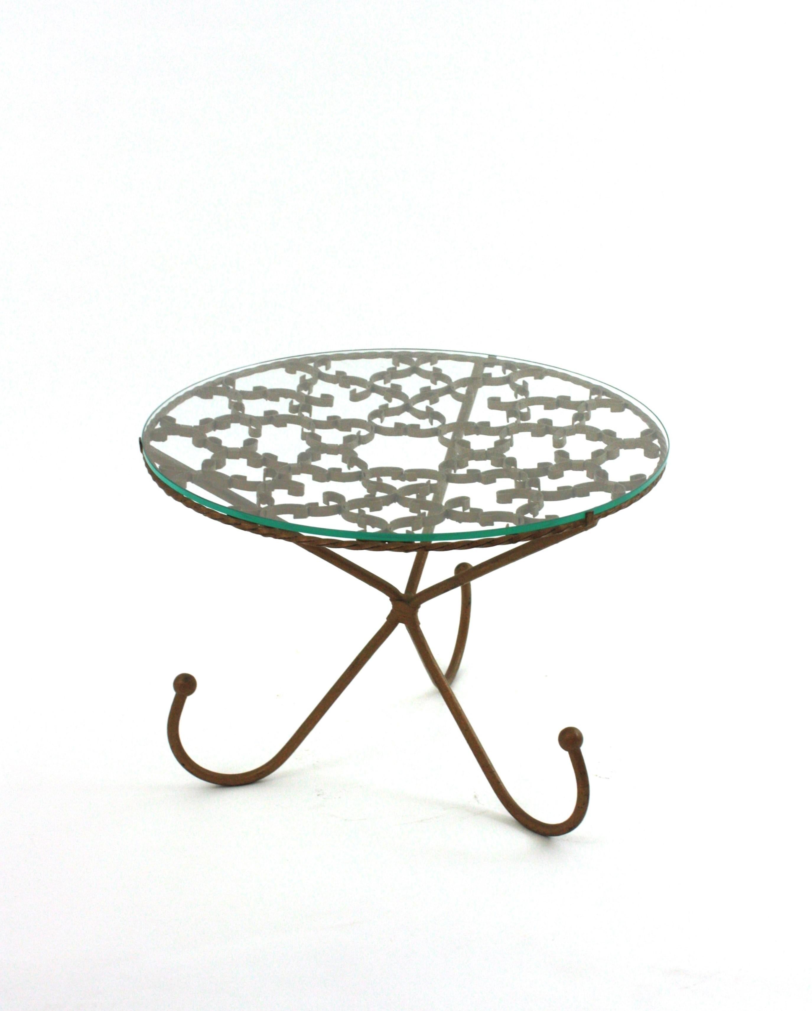 Scrollwork Gilt Iron Drinks Coffee Table / Side Table with Glass Top For Sale 3