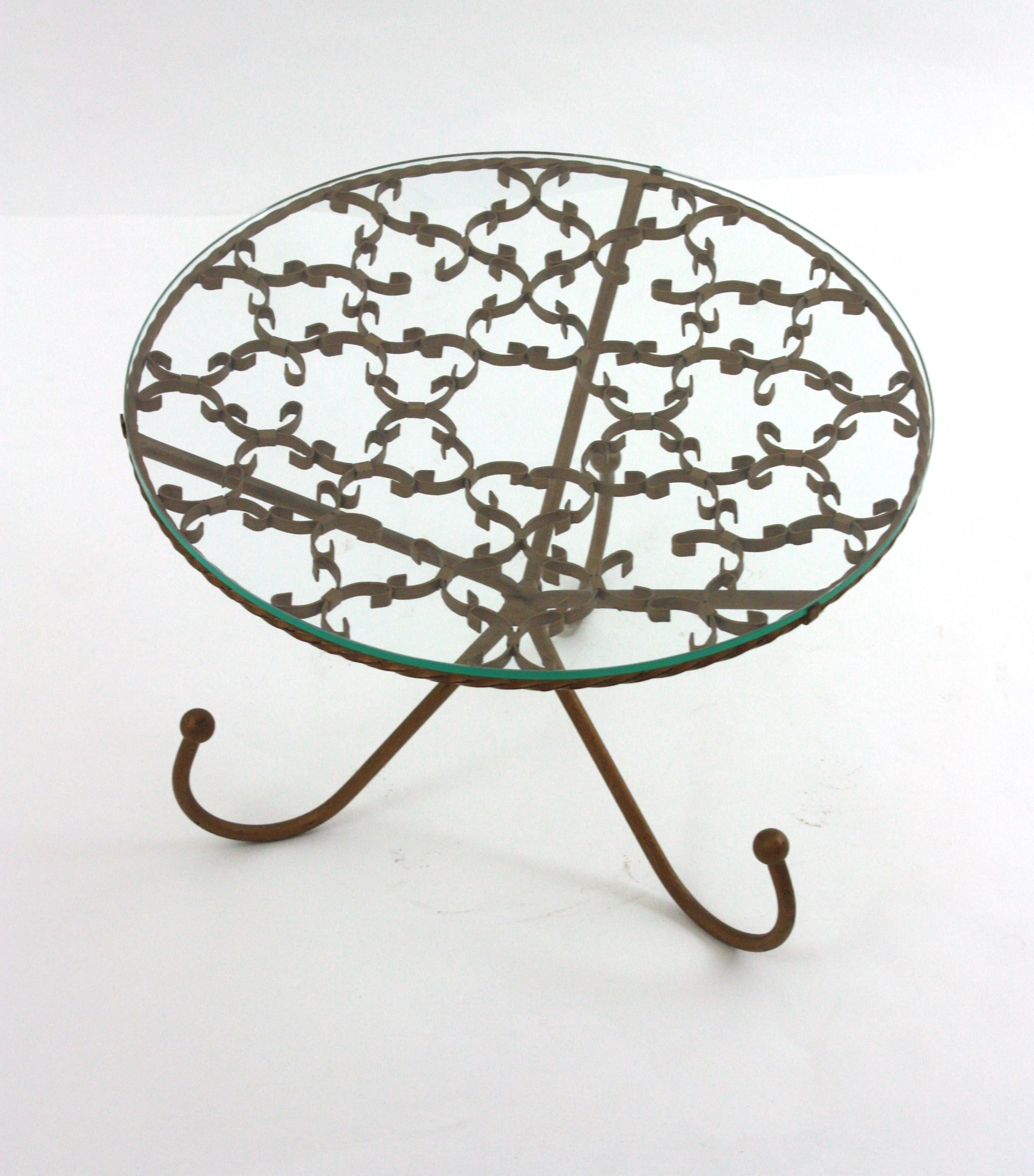 Scrollwork Gilt Iron Drinks Coffee Table / Side Table with Glass Top For Sale 4