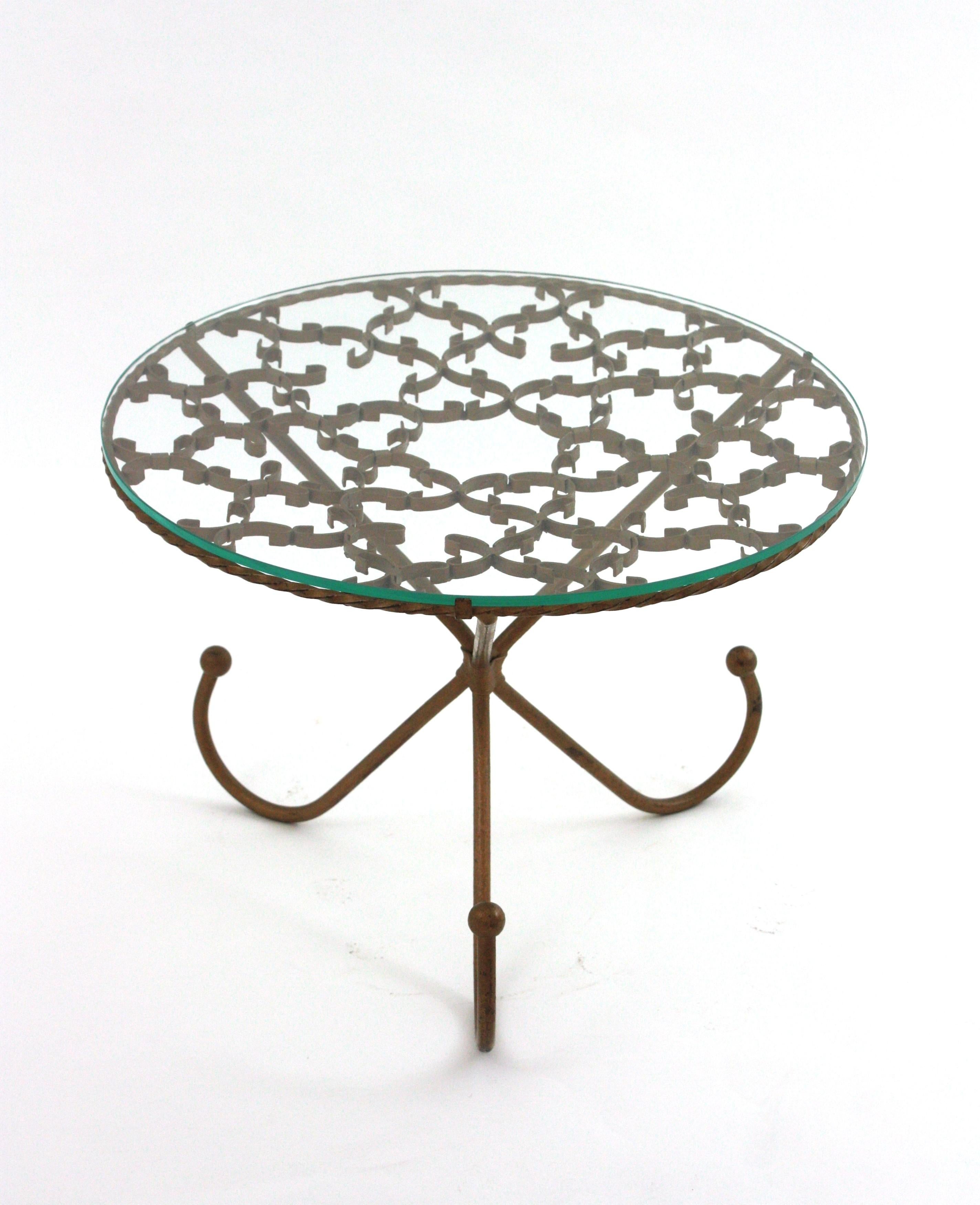 Scrollwork Gilt Iron Drinks Coffee Table / Side Table with Glass Top For Sale 5