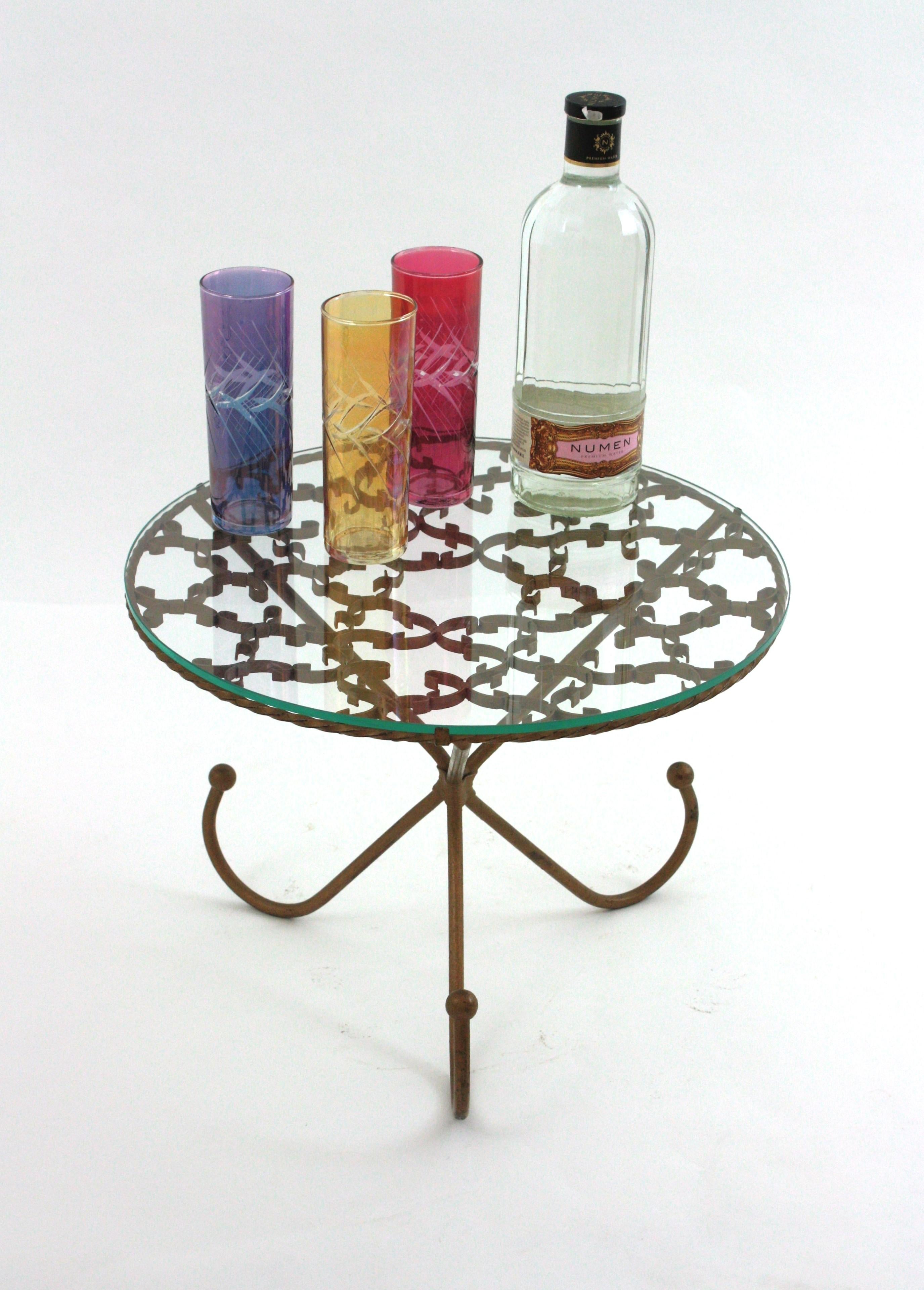 Scrollwork Gilt Iron Drinks Coffee Table / Side Table with Glass Top For Sale 6