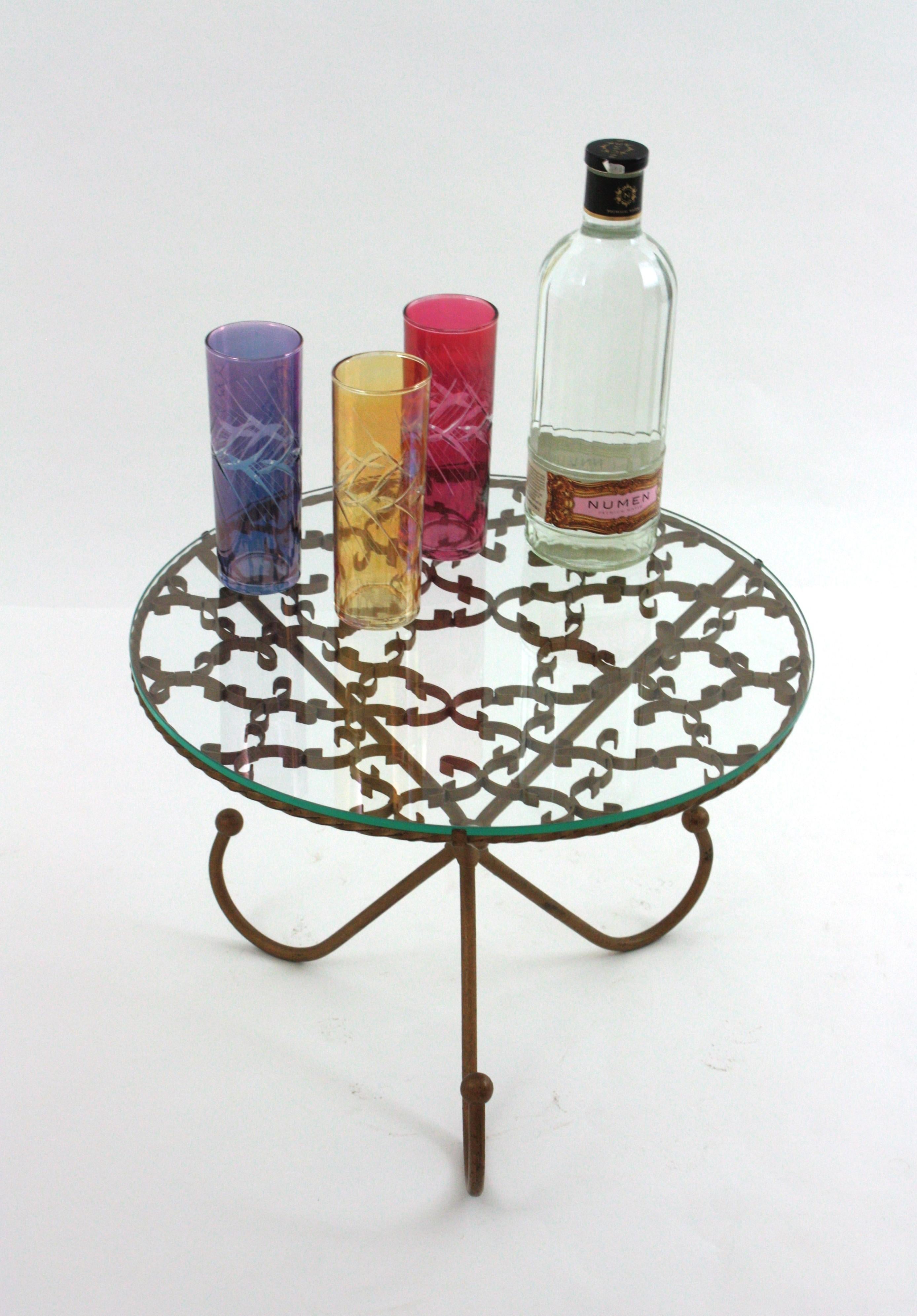Mid-Century Modern Scrollwork Gilt Iron Drinks Coffee Table / Side Table with Glass Top For Sale