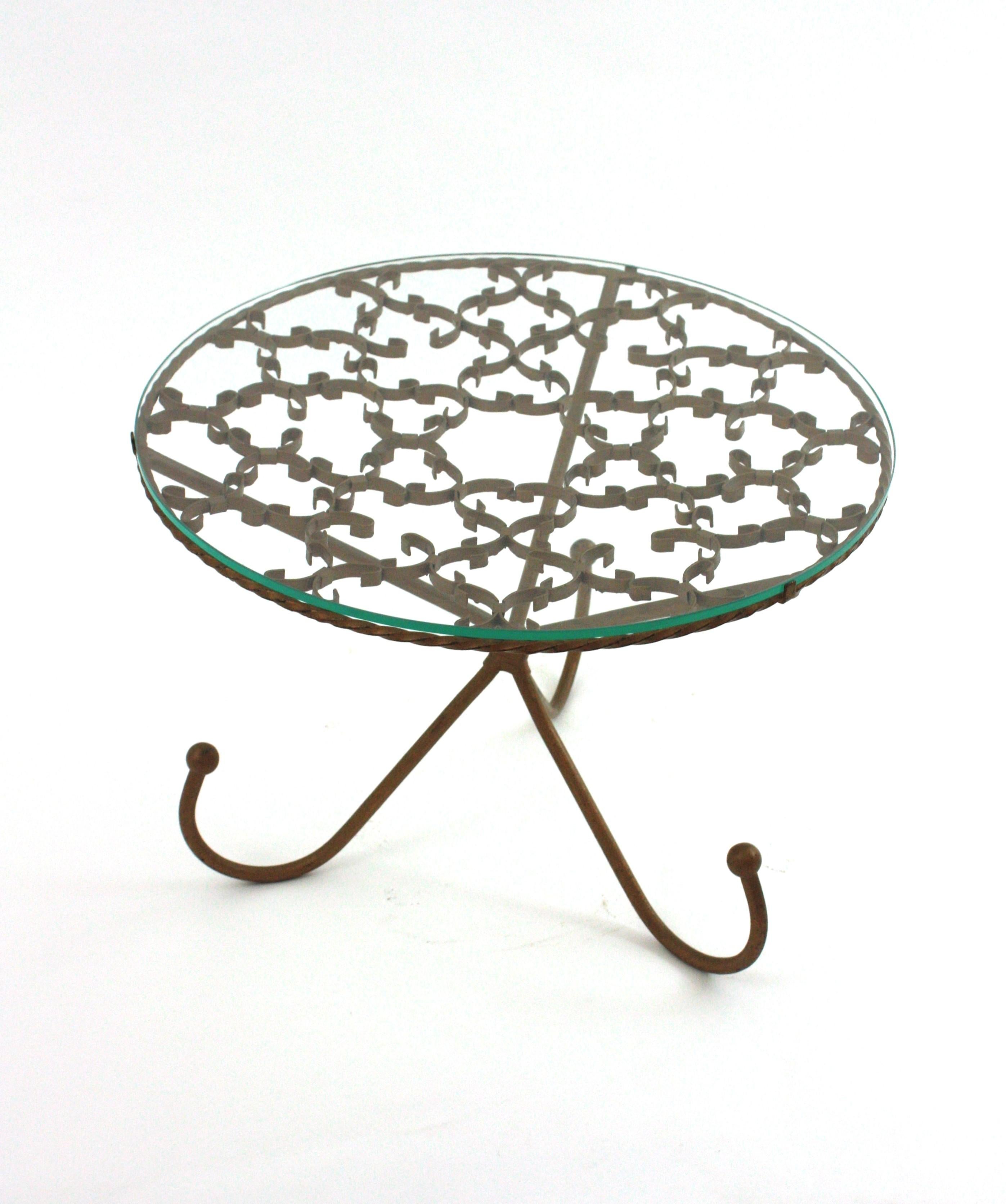 Spanish Scrollwork Gilt Iron Drinks Coffee Table / Side Table with Glass Top For Sale