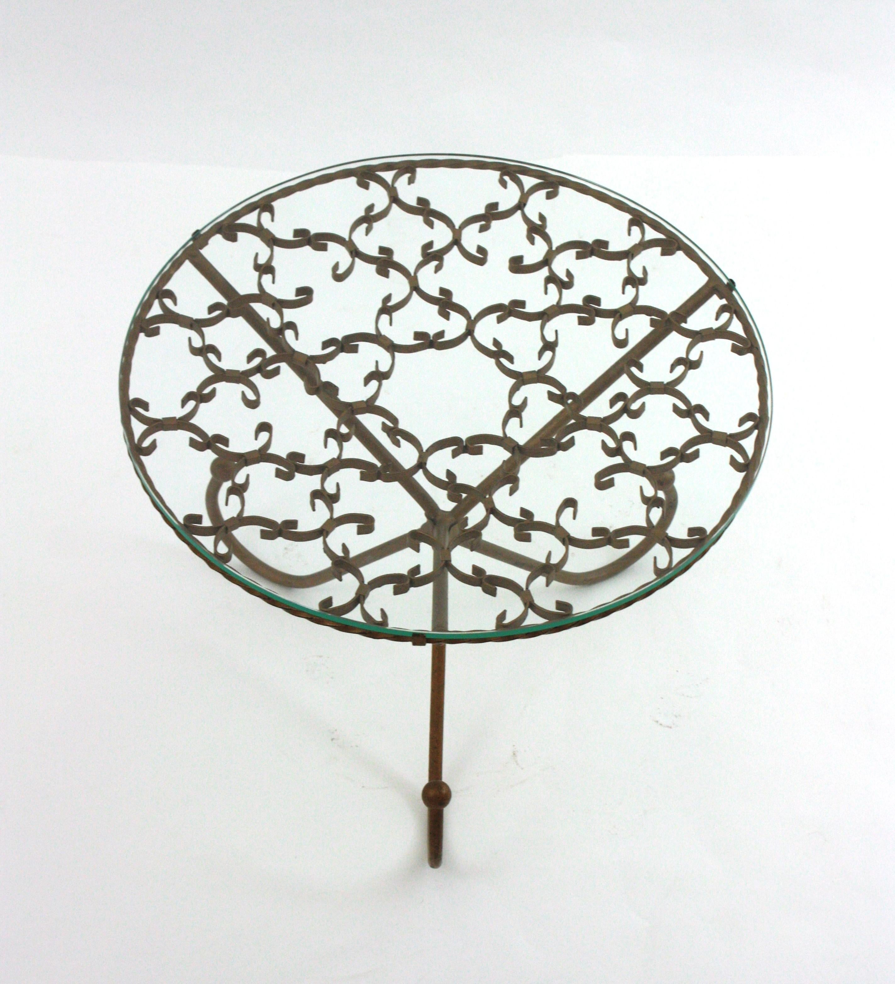 20th Century Scrollwork Gilt Iron Drinks Coffee Table / Side Table with Glass Top For Sale