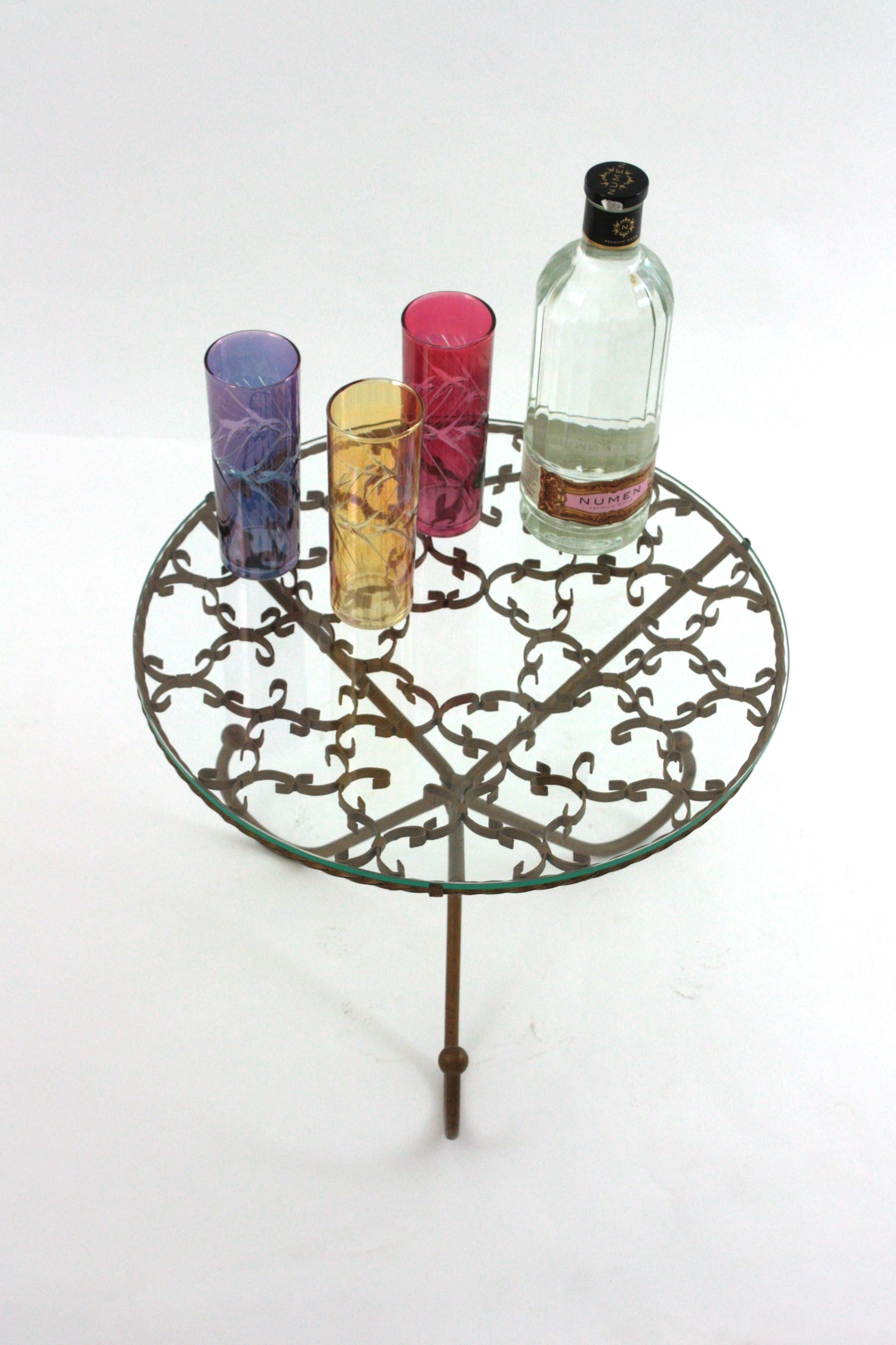 Metal Scrollwork Gilt Iron Drinks Coffee Table / Side Table with Glass Top For Sale