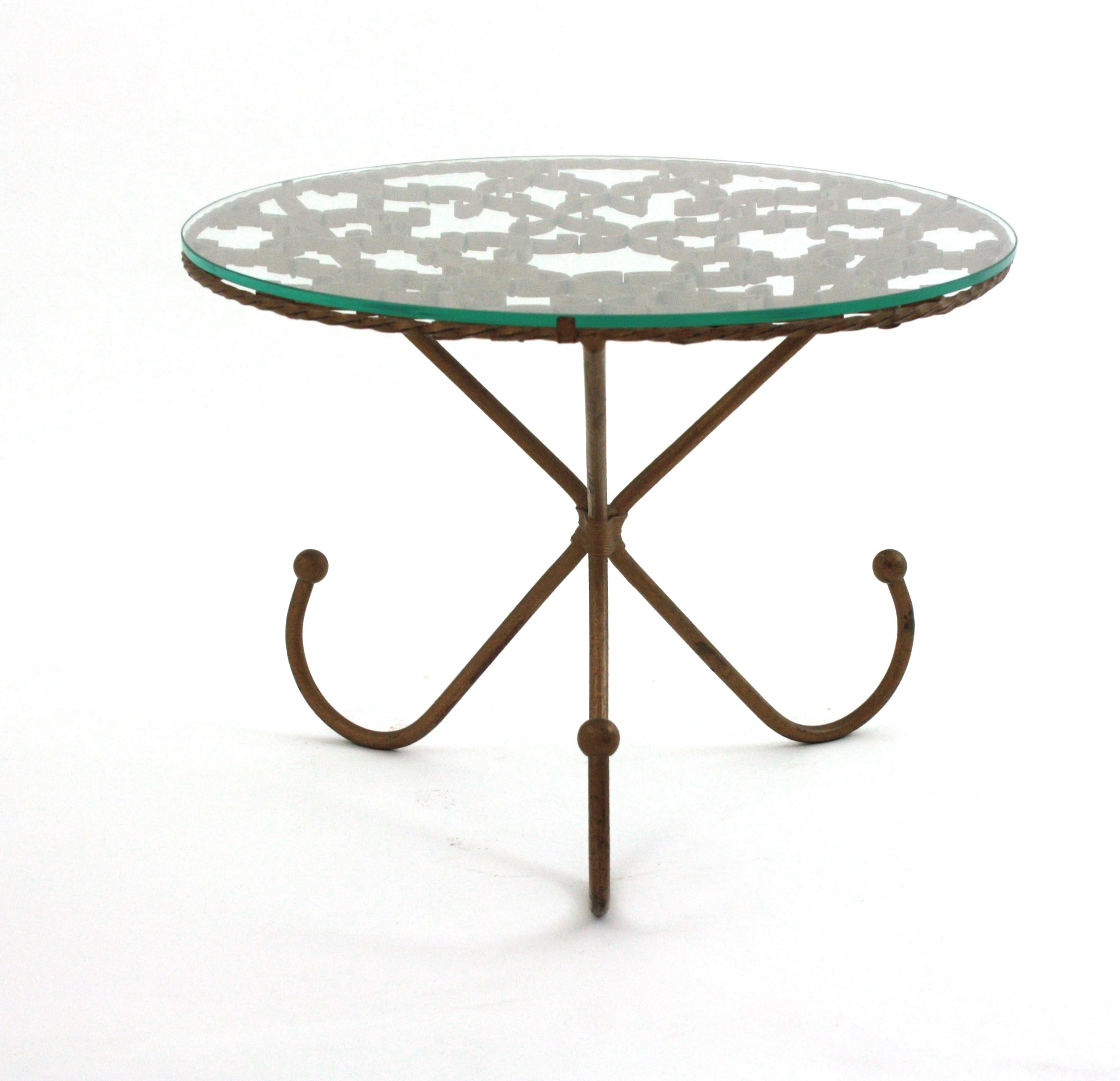 Scrollwork Gilt Iron Drinks Coffee Table / Side Table with Glass Top For Sale 1