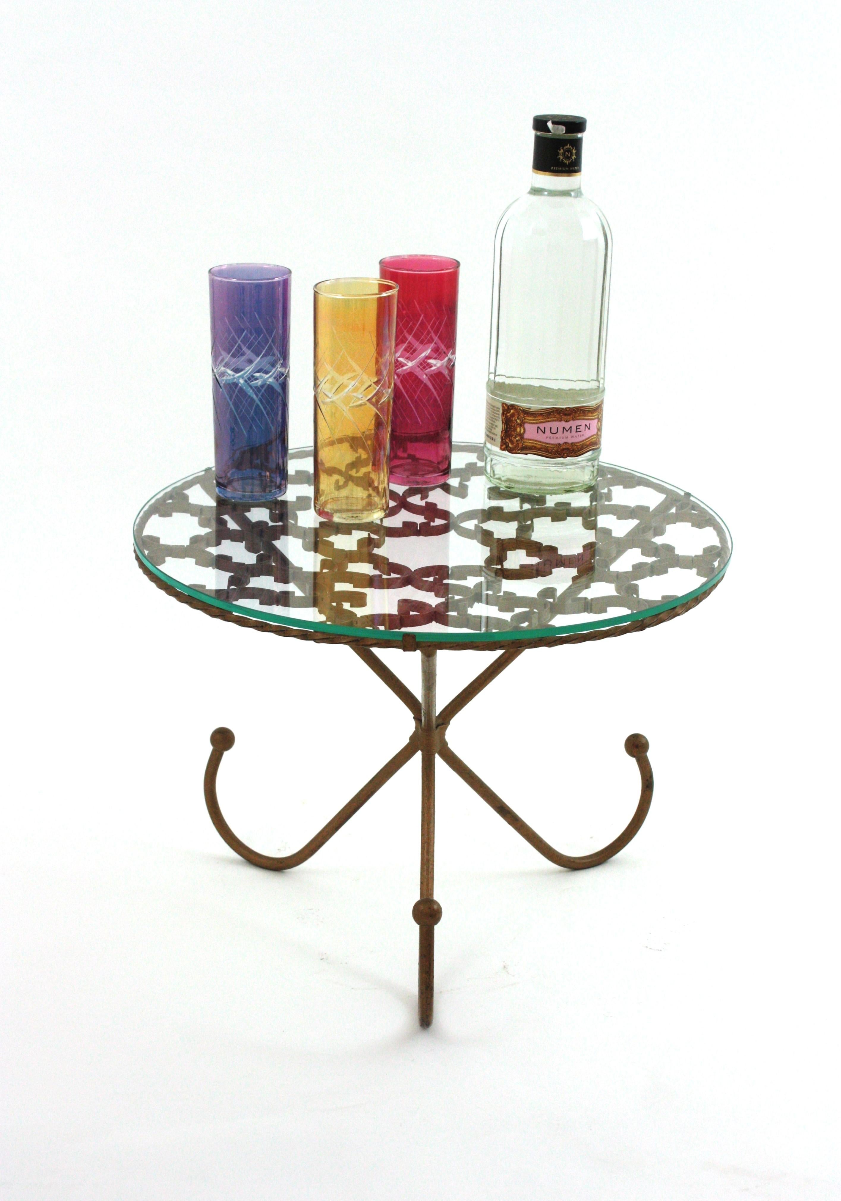 Scrollwork Gilt Iron Drinks Coffee Table / Side Table with Glass Top For Sale 2