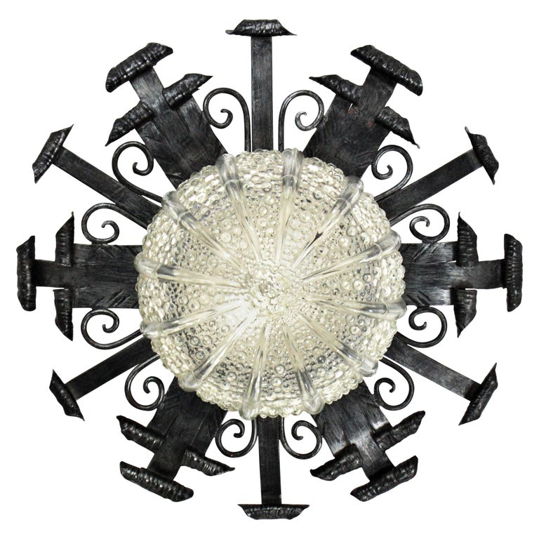 Wrought Iron And Glass Ceiling Flush Mount With Scrollwork Spain