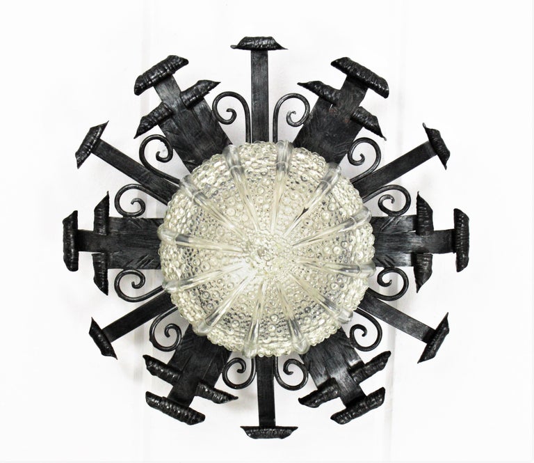 Wrought Iron And Glass Ceiling Flush Mount With Scrollwork Spain