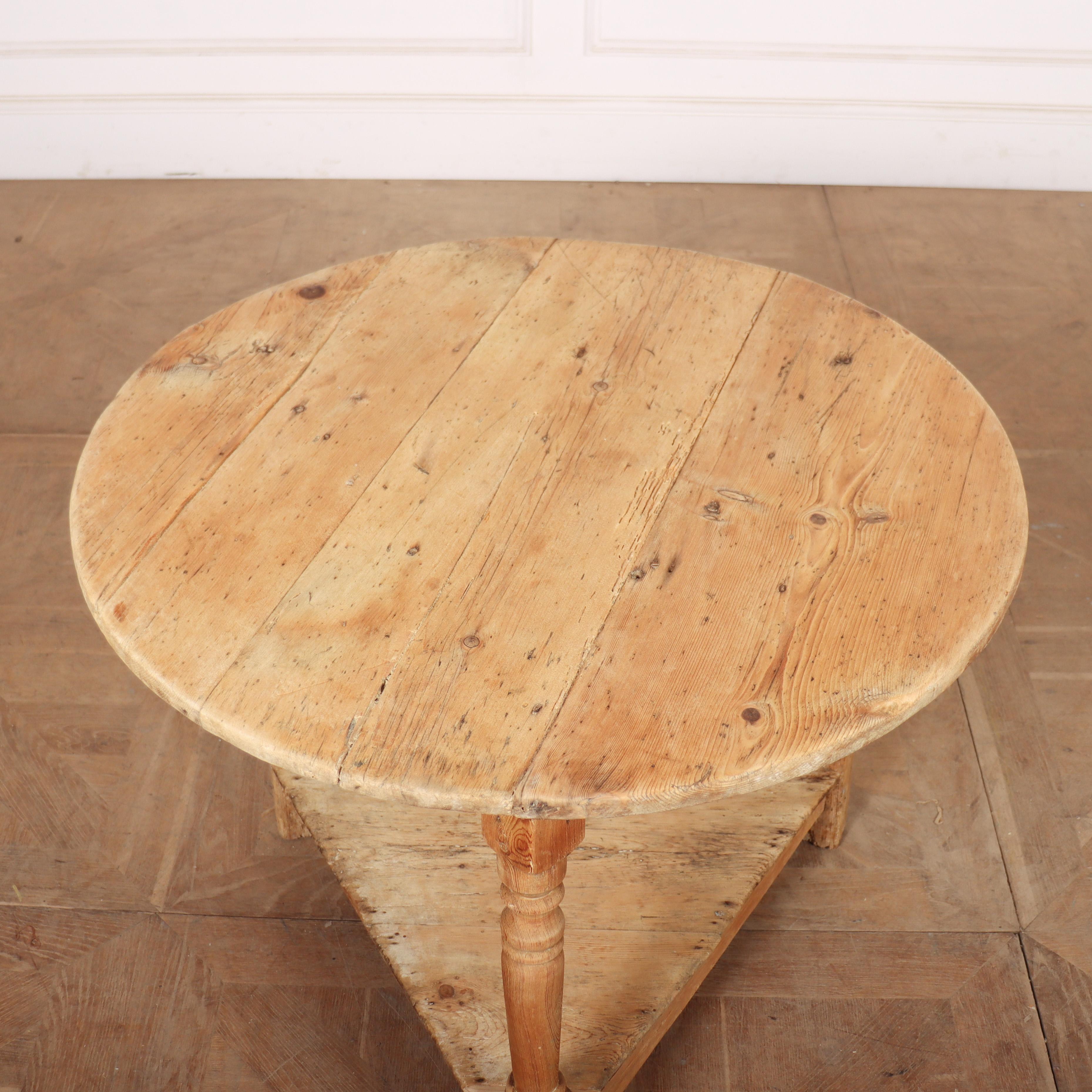 Good 19th C scrubbed pine cricket table. 1850.

Reference: 8275

Dimensions
24.5 inches (62 cms) High
31.5 inches (80 cms) Diameter