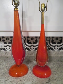 Scrumptious Pair of Flavio Poli Orange Murano Lamps Mid-Century Modern