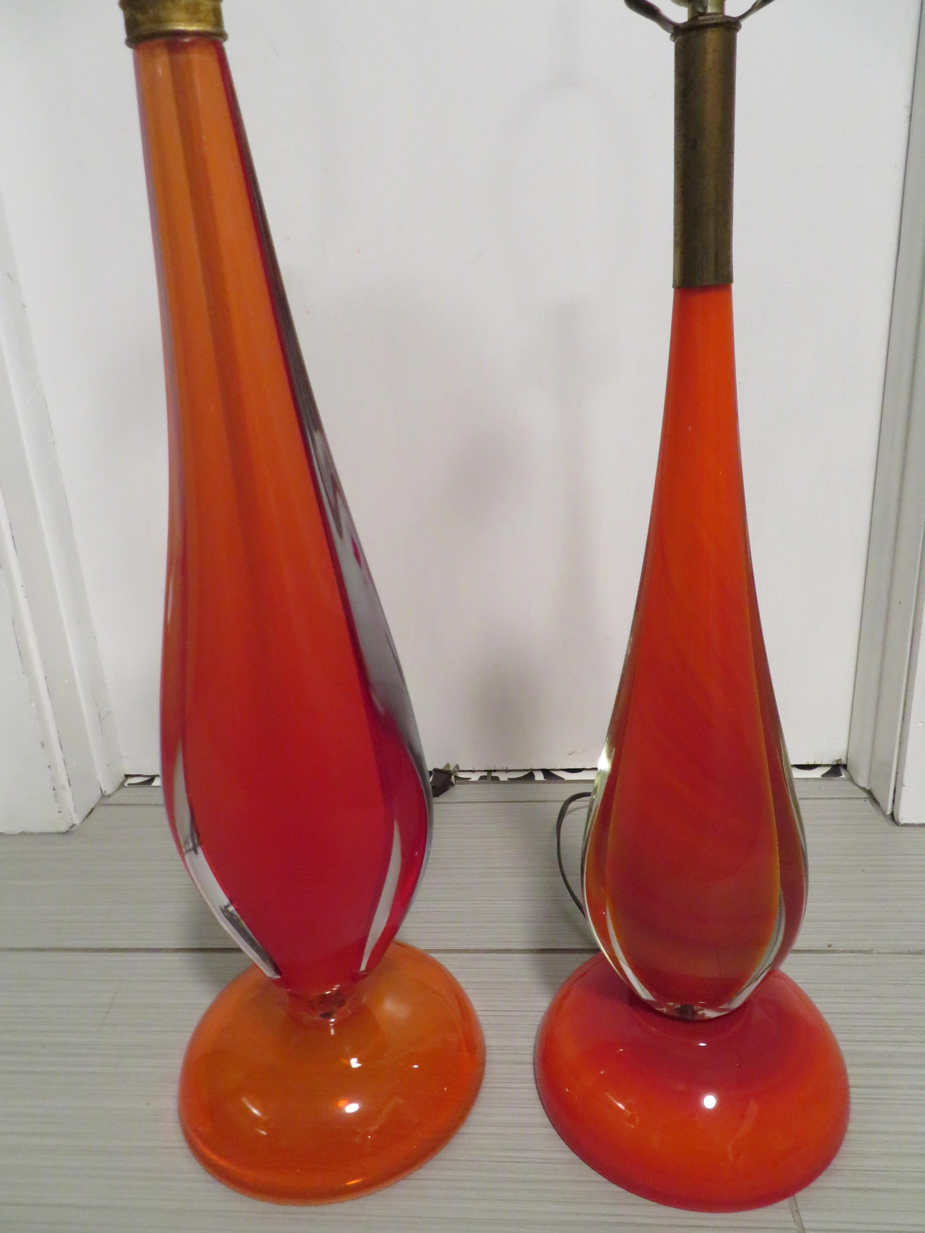 Italian Scrumptious Pair of Flavio Poli Orange Murano Lamps Mid-Century Modern For Sale