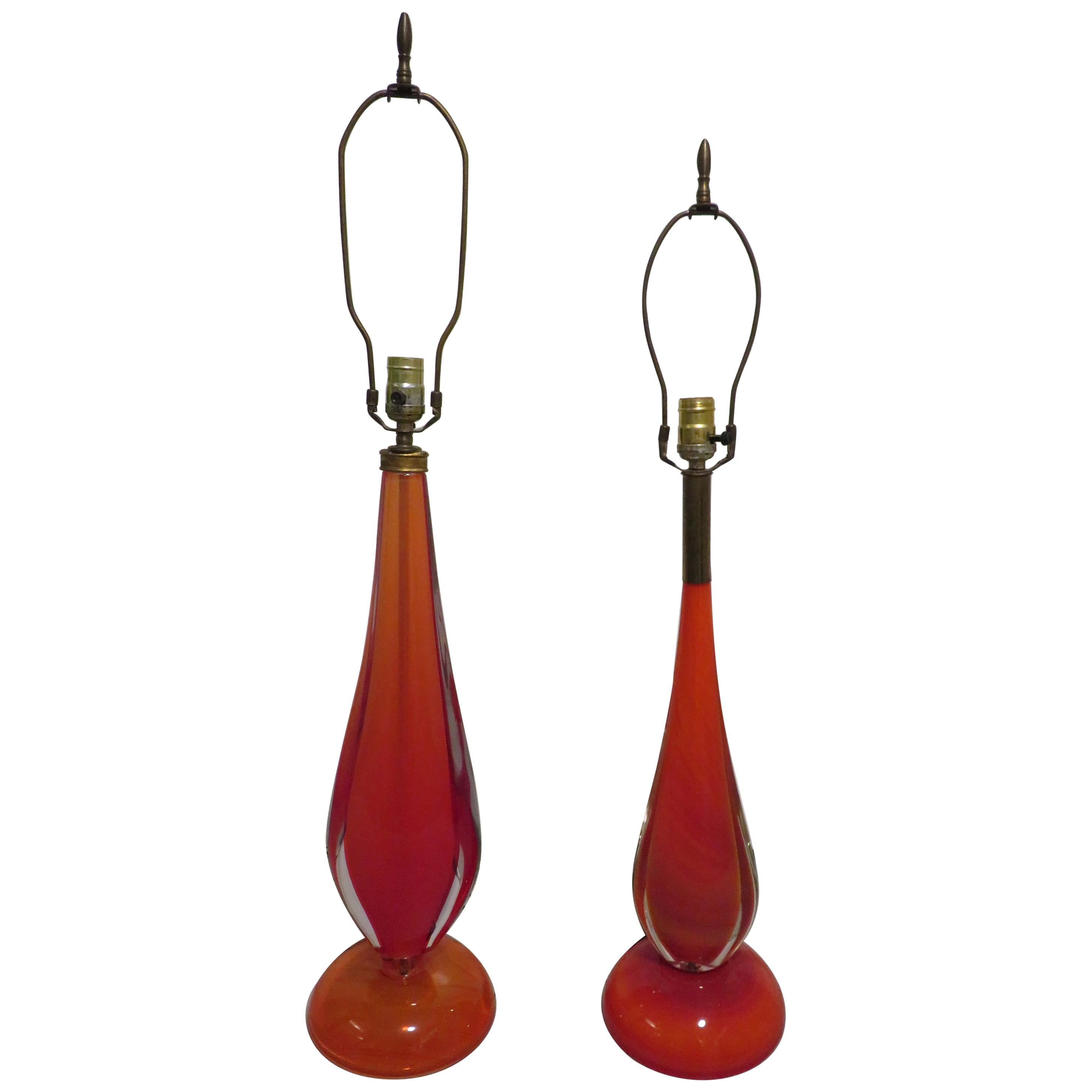Scrumptious Pair of Flavio Poli Orange Murano Lamps Mid-Century Modern For Sale