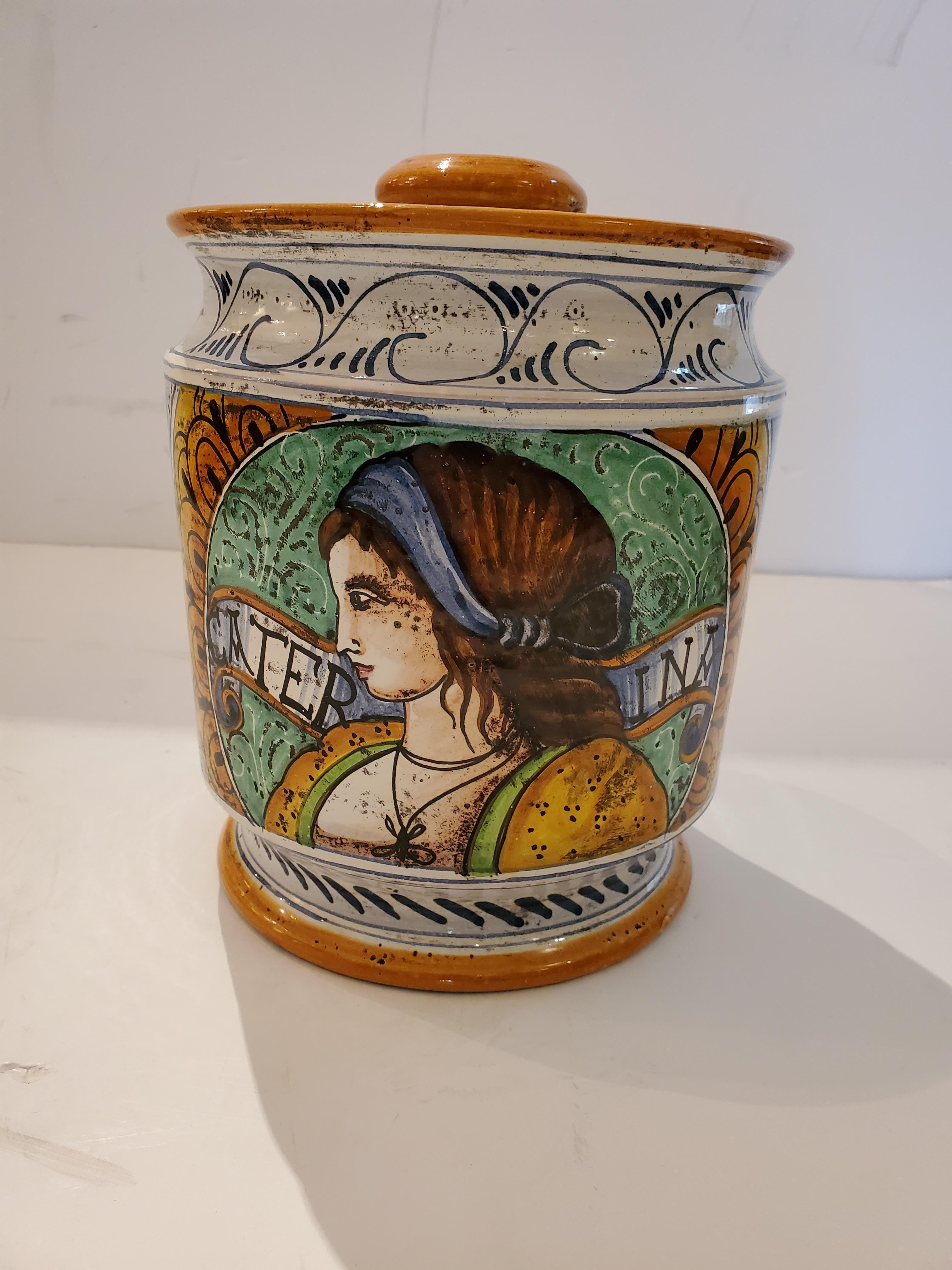 Deliciosa Pareja de Tarros de Boticario de Cerámica Provenzal Pintados con Tapa en venta 5