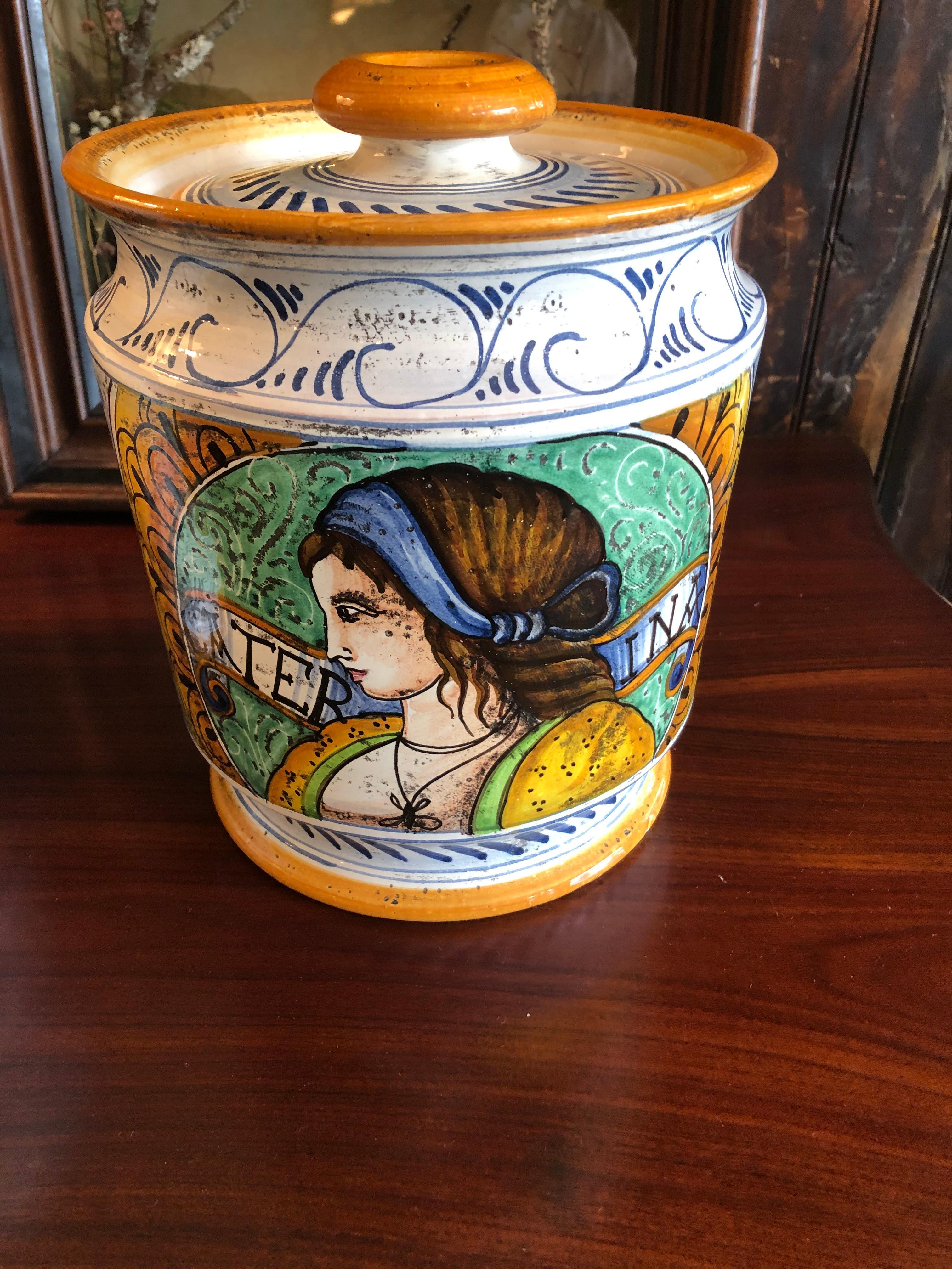 Scrumptious Pair of Provencal Ceramic Painted Lidded Apothecary Jars For Sale 8