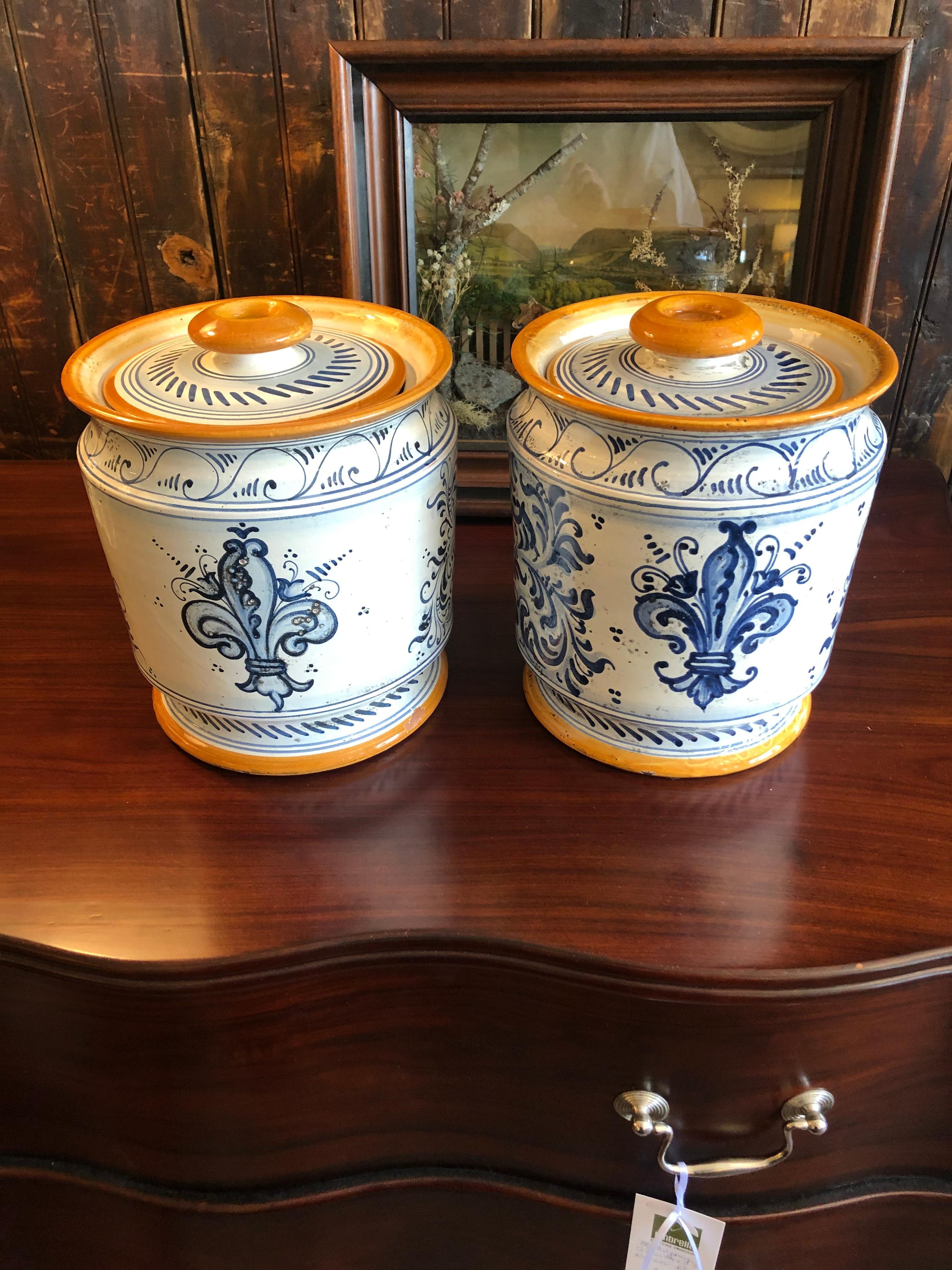 Scrumptious Pair of Provencal Ceramic Painted Lidded Apothecary Jars For Sale 9