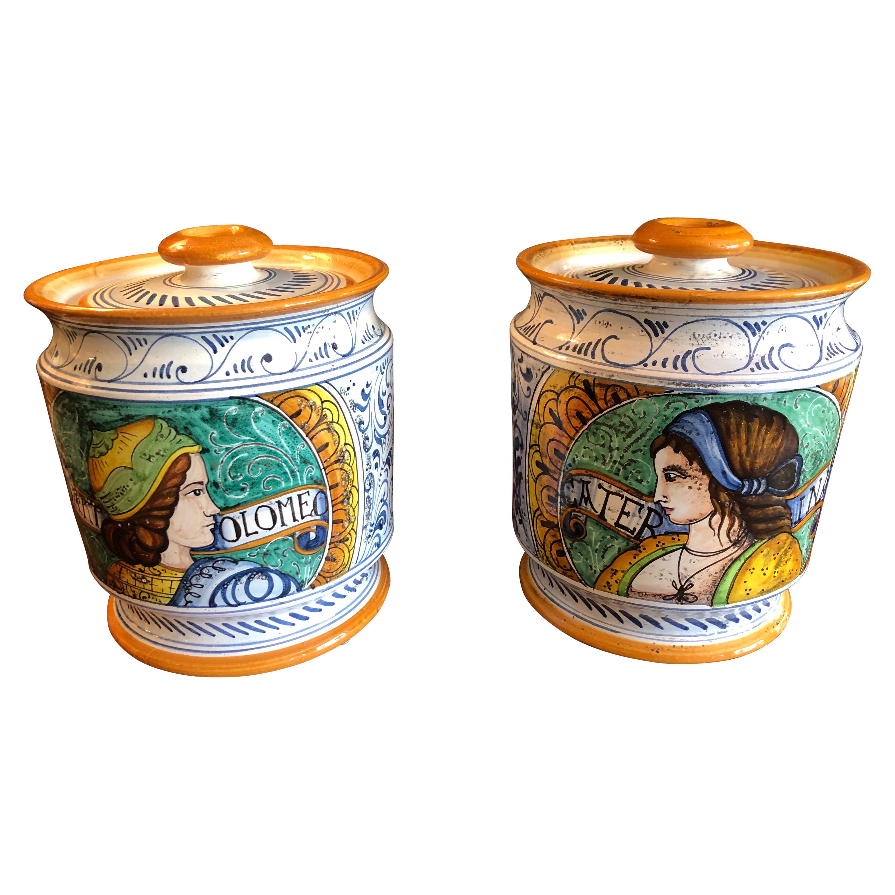 Scrumptious Pair of Provencal Ceramic Painted Lidded Apothecary Jars For Sale