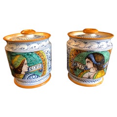 Retro Scrumptious Pair of Provencal Ceramic Painted Lidded Apothecary Jars