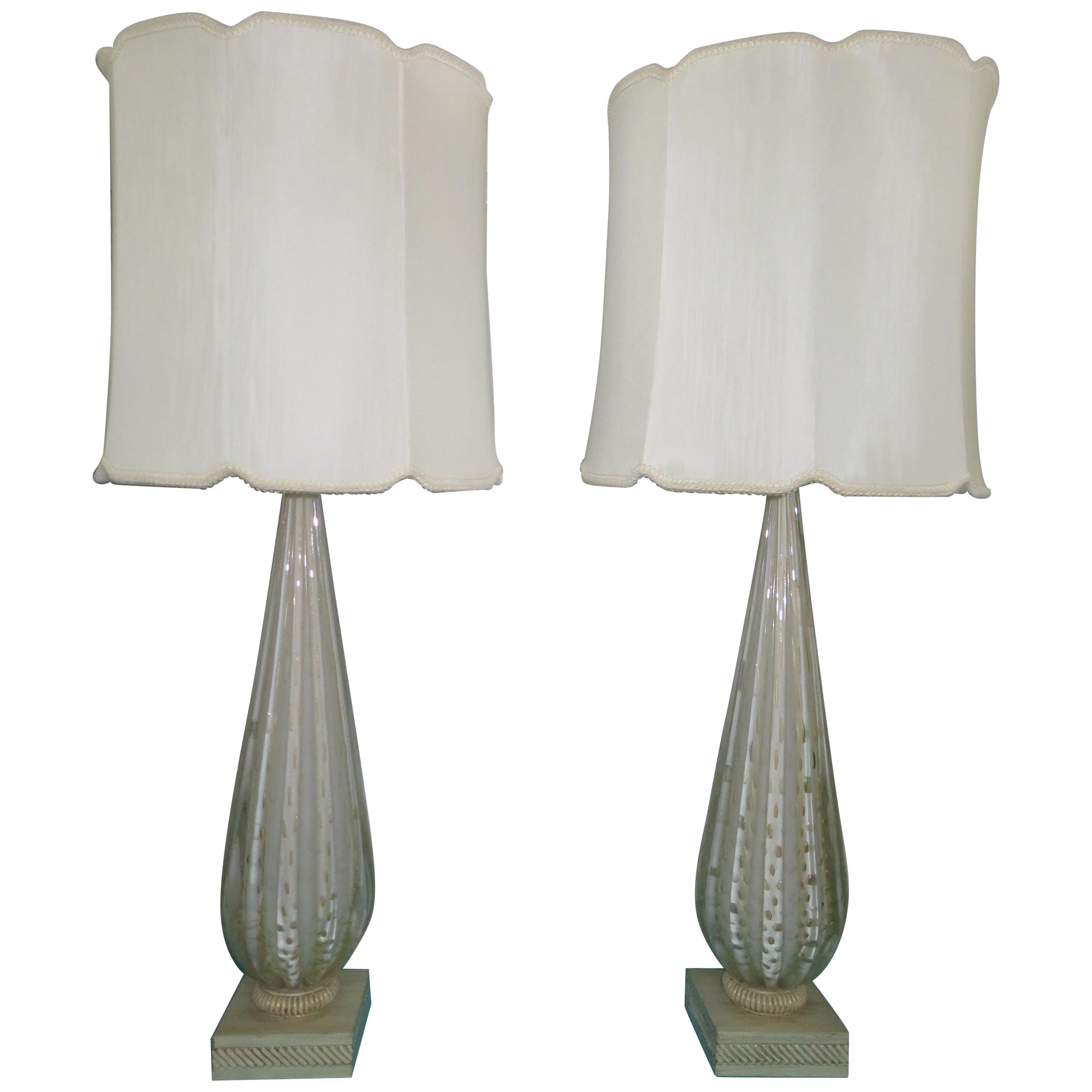 Scrumptious Pair of XL Italian Murano Gold Fleck Bubble Lamps Hollywood Regency For Sale
