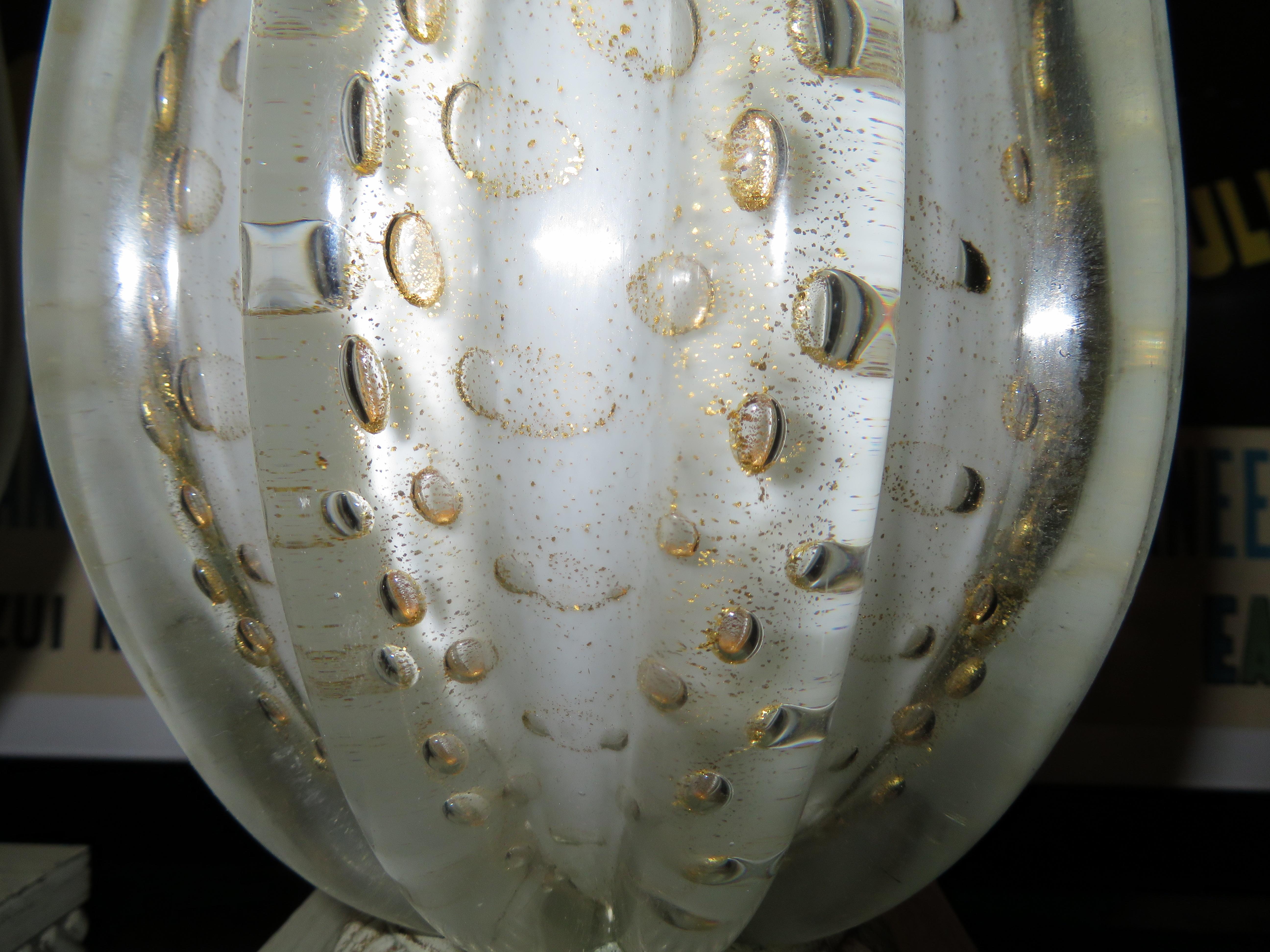 Scrumptious Pair of XL Italian Murano Gold Fleck Bubble Lamps Hollywood Regency For Sale 2