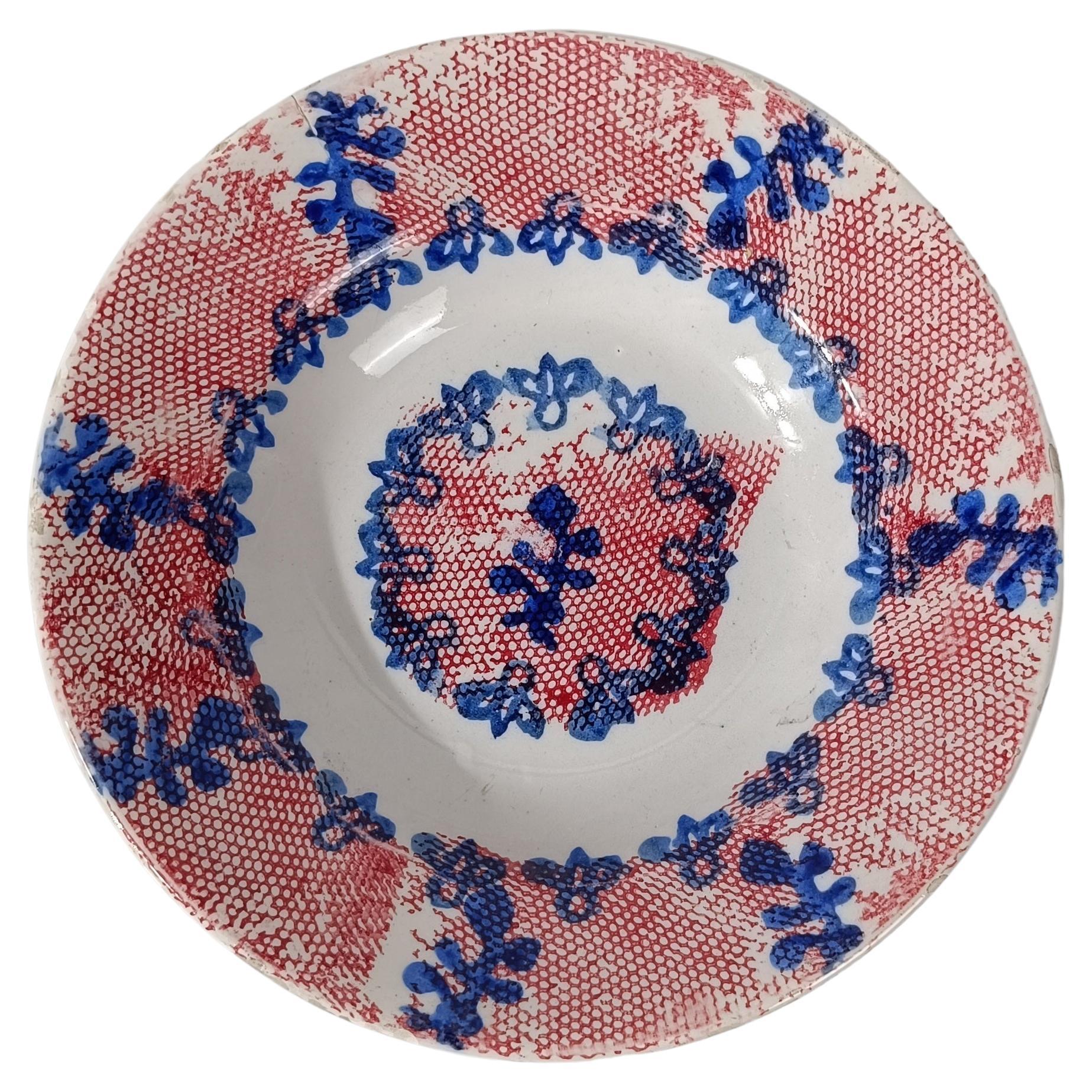 S.C.TURRITA Vintage Eisenstein Dessertteller, Folk Block Stempel Dekor, Italien 20er Jahre im Angebot