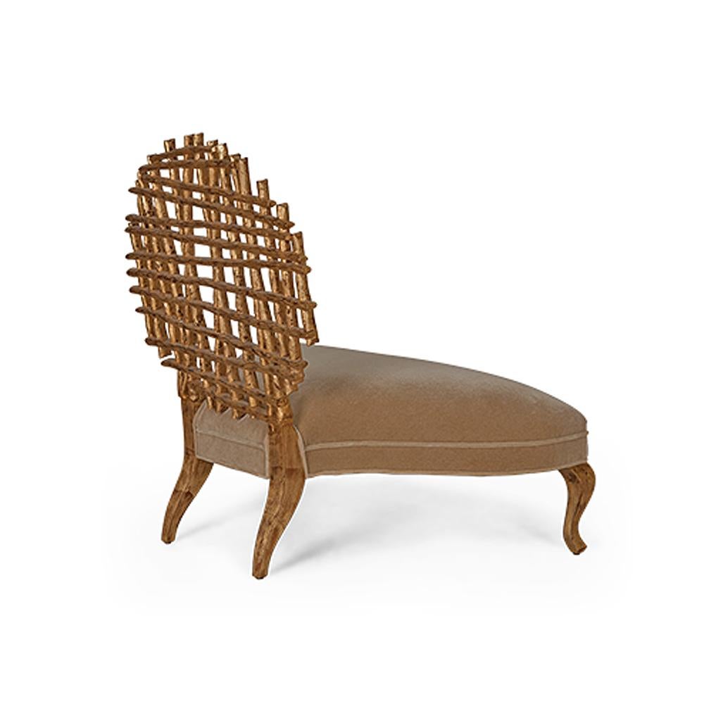 English Scuadra Armchair with Hand-Crafted Back Rest in Solid Wood For Sale