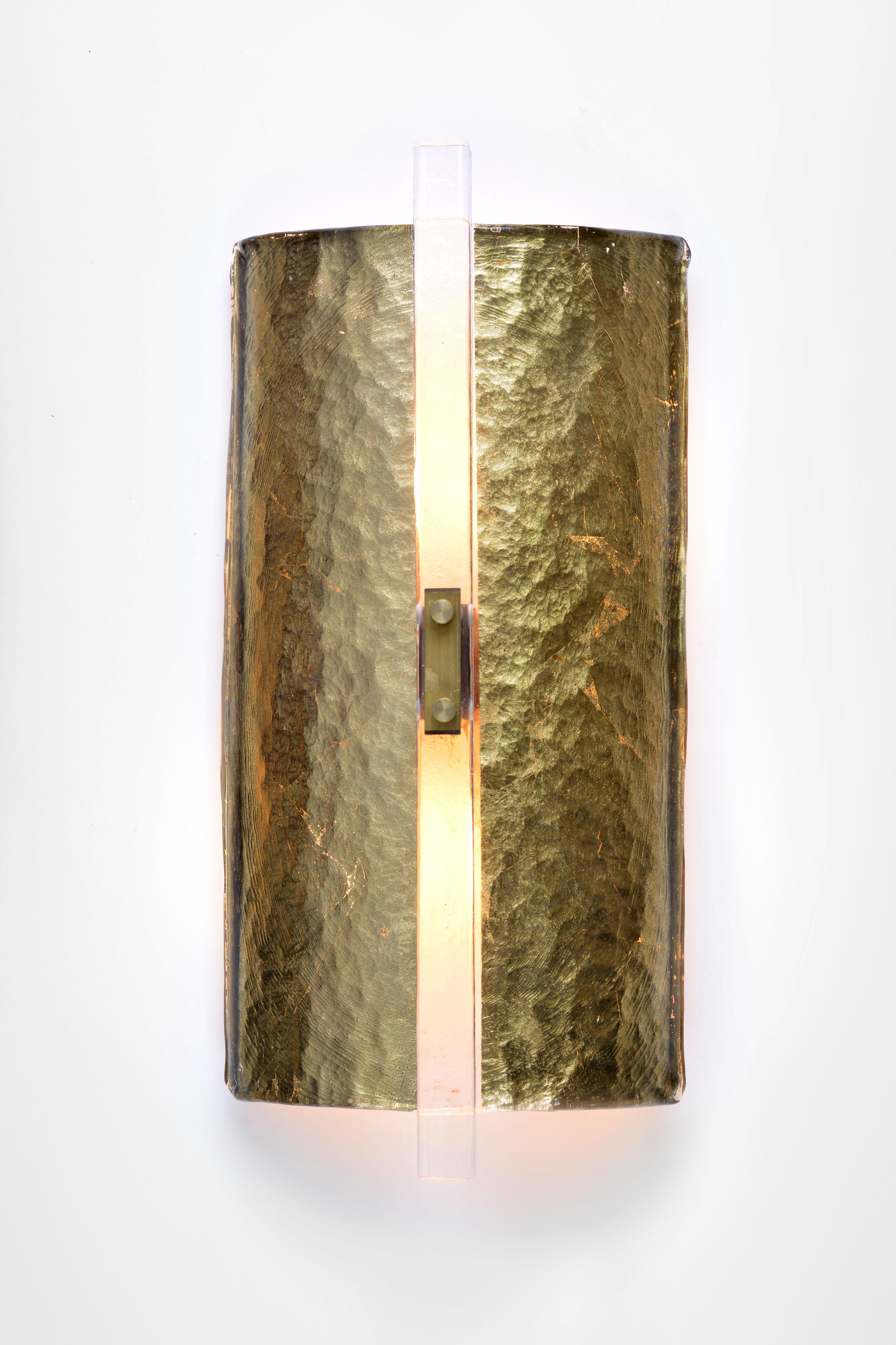 Italian Scudo Sconce Oro, Textured Murano Glass, Gold Leaf and Brass Detailing For Sale