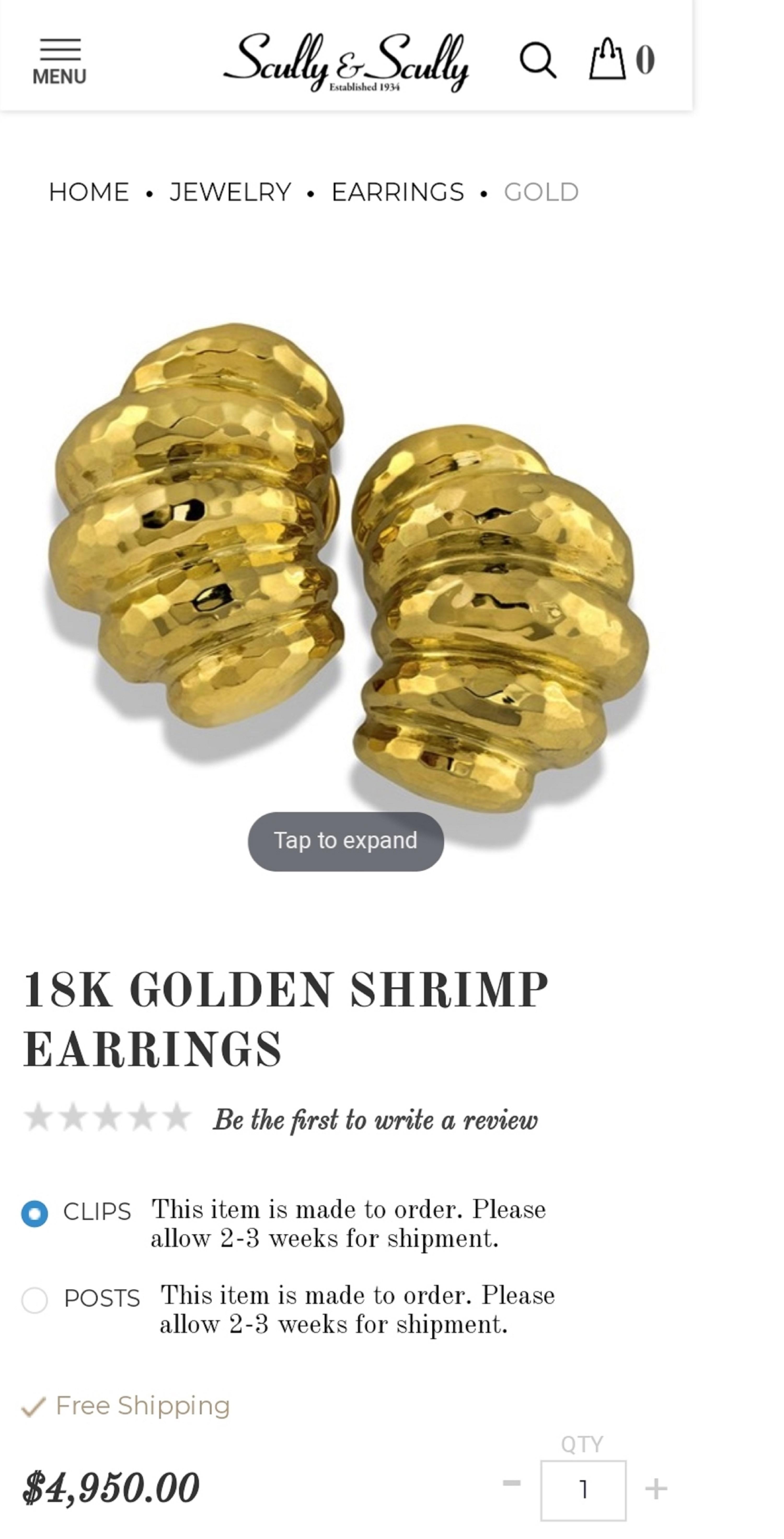 Scully & Scully 18 Karat Gold Earrings in a Crescent Shrimp Design 4