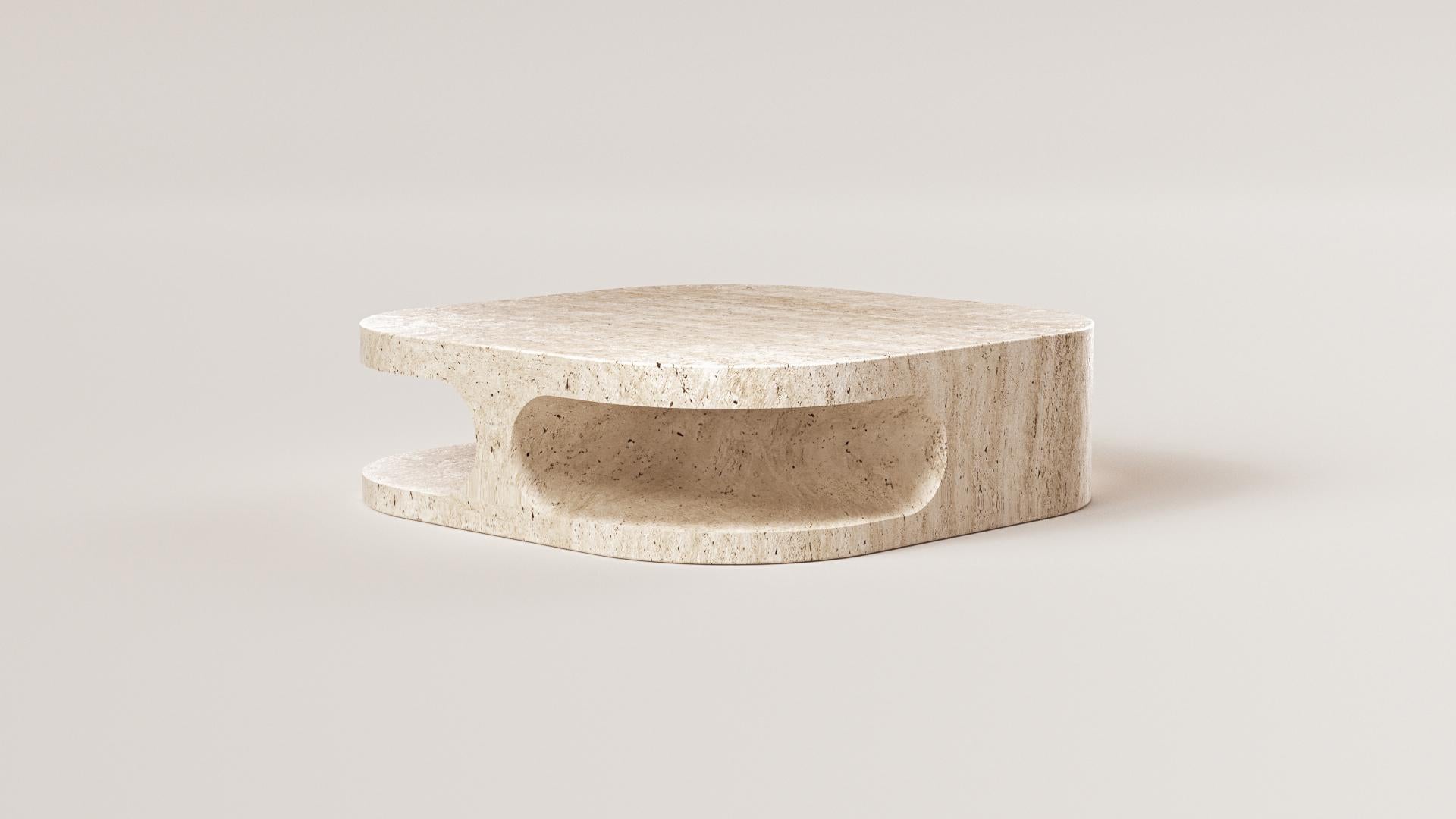 Sculpt Coffee Table by Arthur Vallin
Dimensions: W 91 x D 91 x H 35 cm 
Materials: Travertine
Customizable shape and dimensions on demand.

French Artist, Designer, and Creative Director Arthur Vallin hold a master’s degree in Art Direction from the