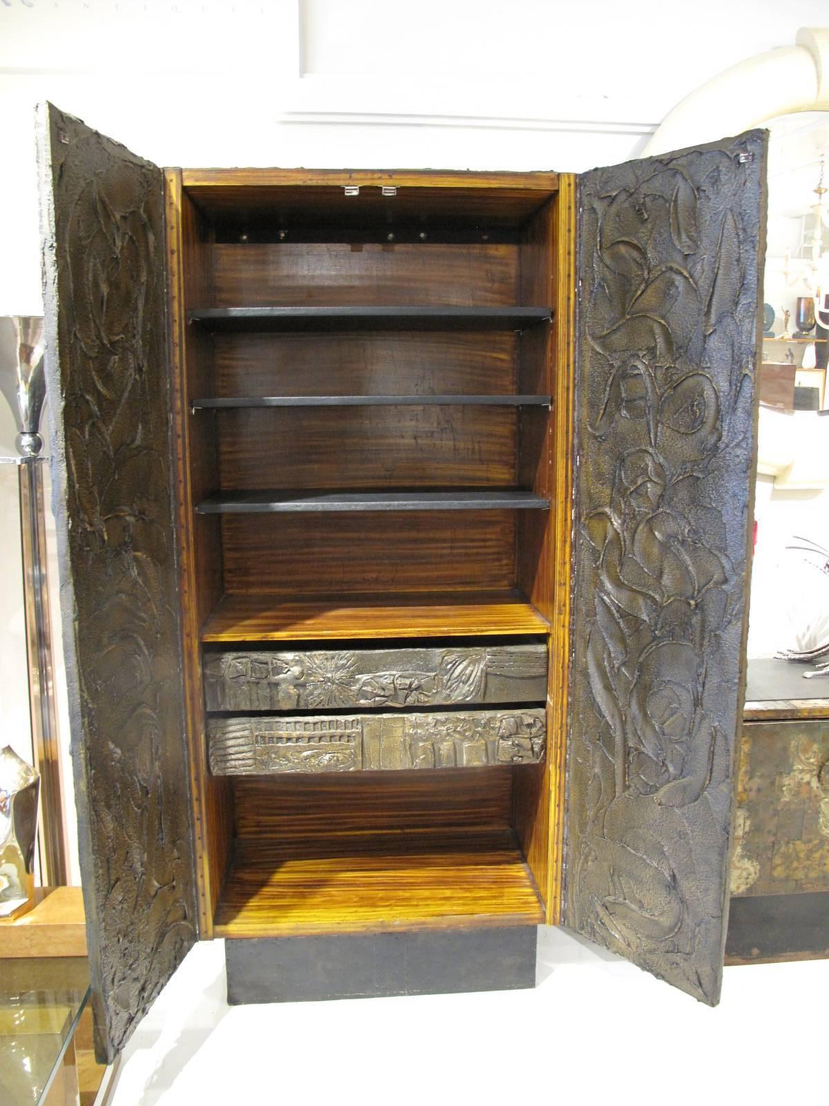 Mid-20th Century Sculpted and Patinated Bronze Cabinet by Paul Evans