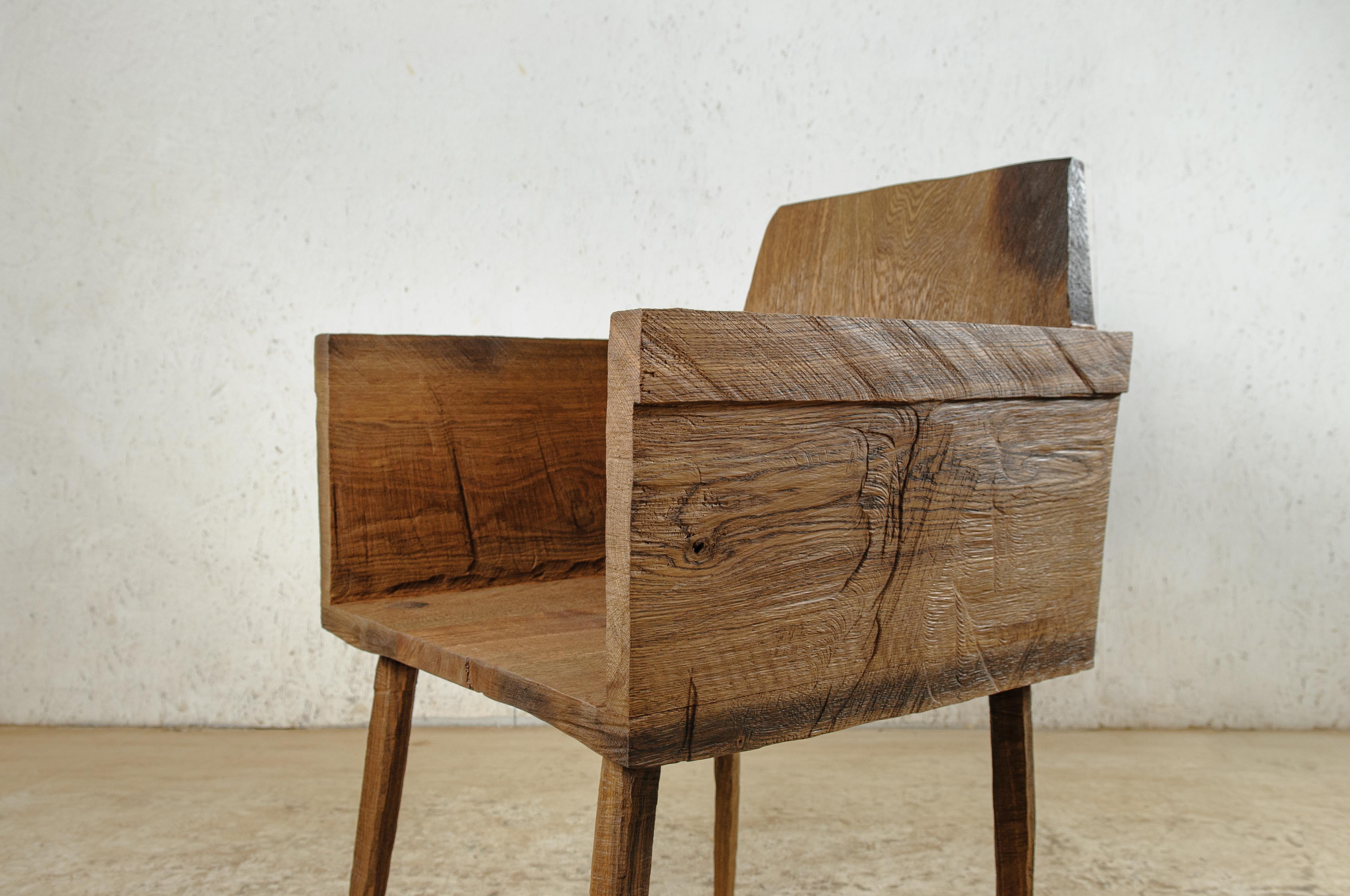 Brutalist Sculpted Armchair in Solid Oak Wood '4 Legs' For Sale