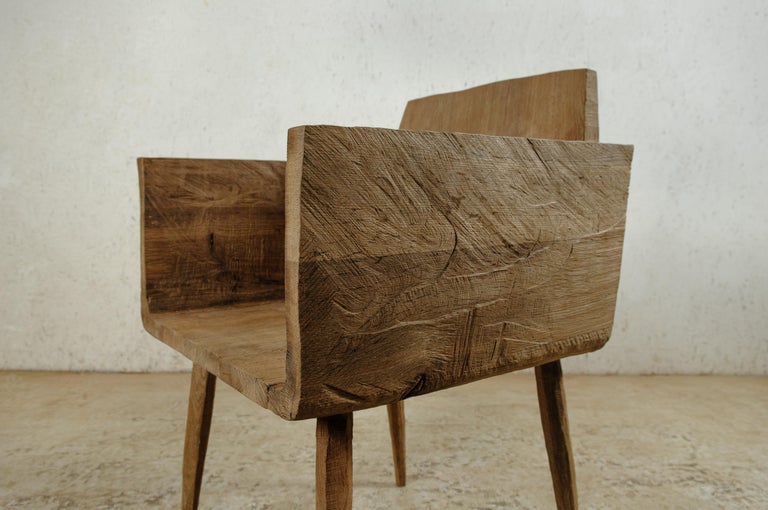 Brutalist Sculpted Armchair in Solid Oak Wood '4 Legs' For Sale