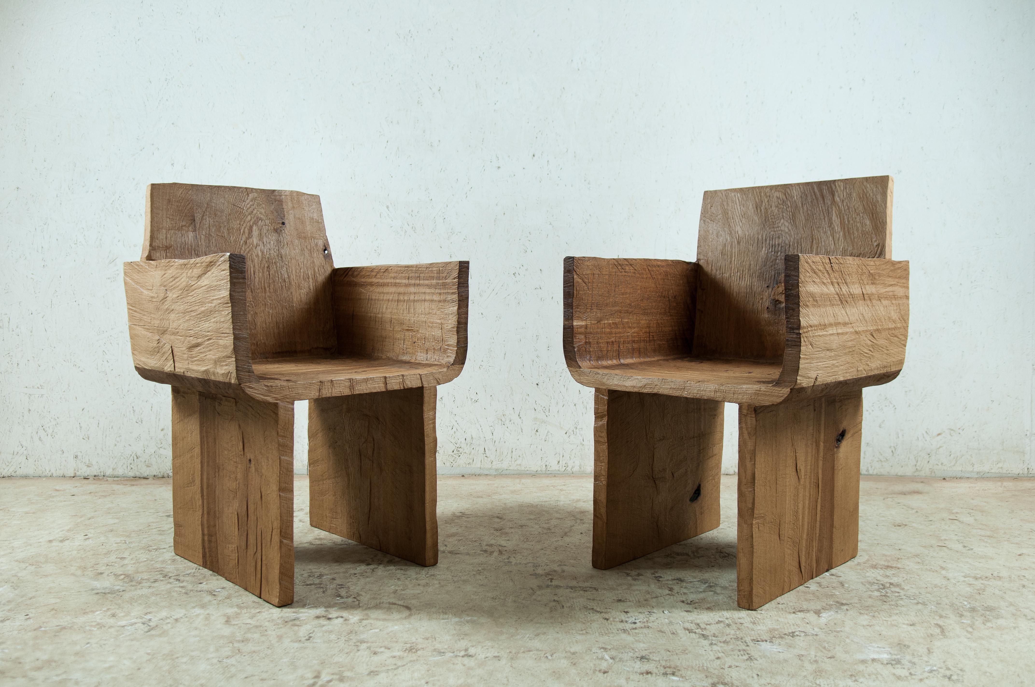 Brutalist Sculpted Armchair in Solid Oak Wood For Sale