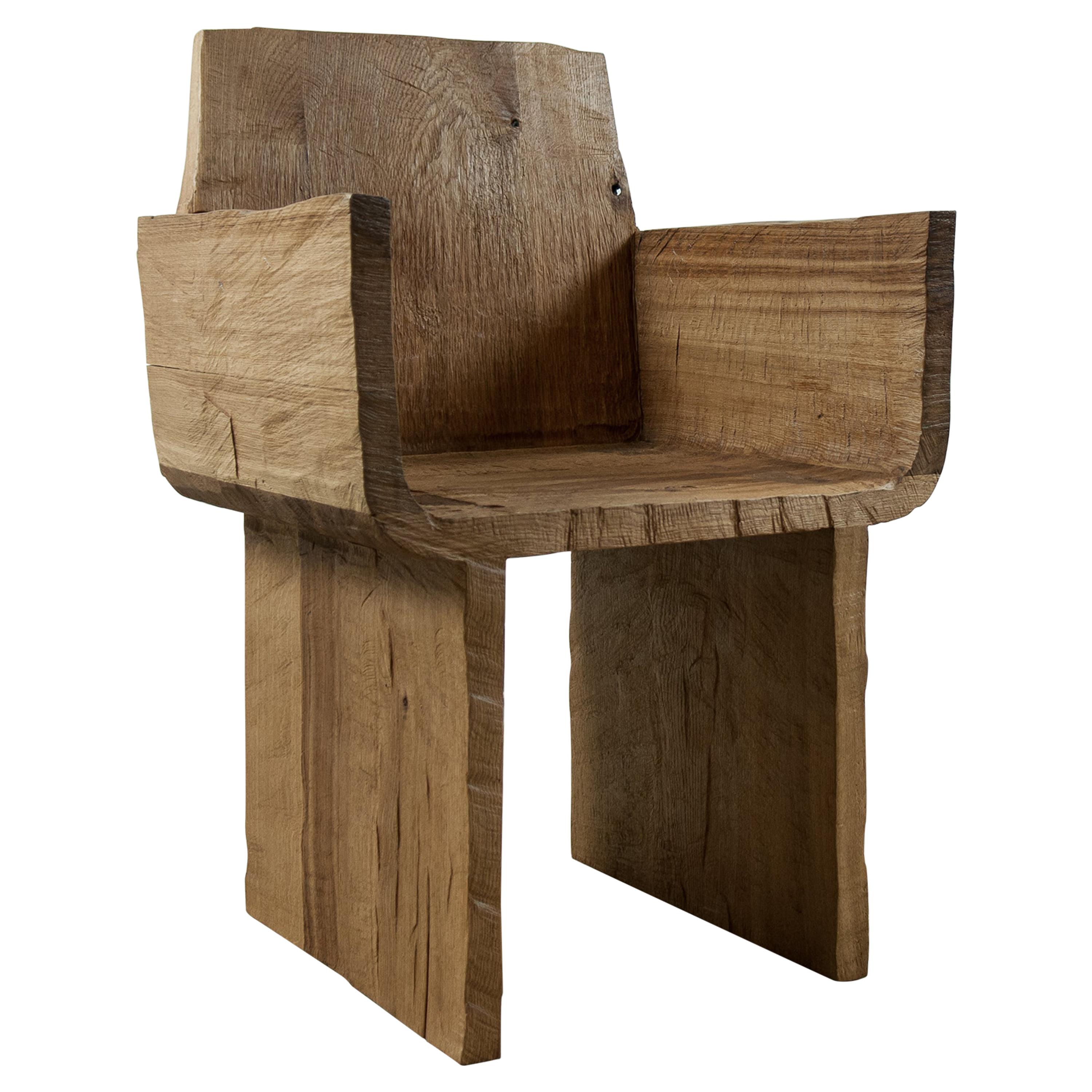 Sculpted Armchair in Solid Oak Wood For Sale