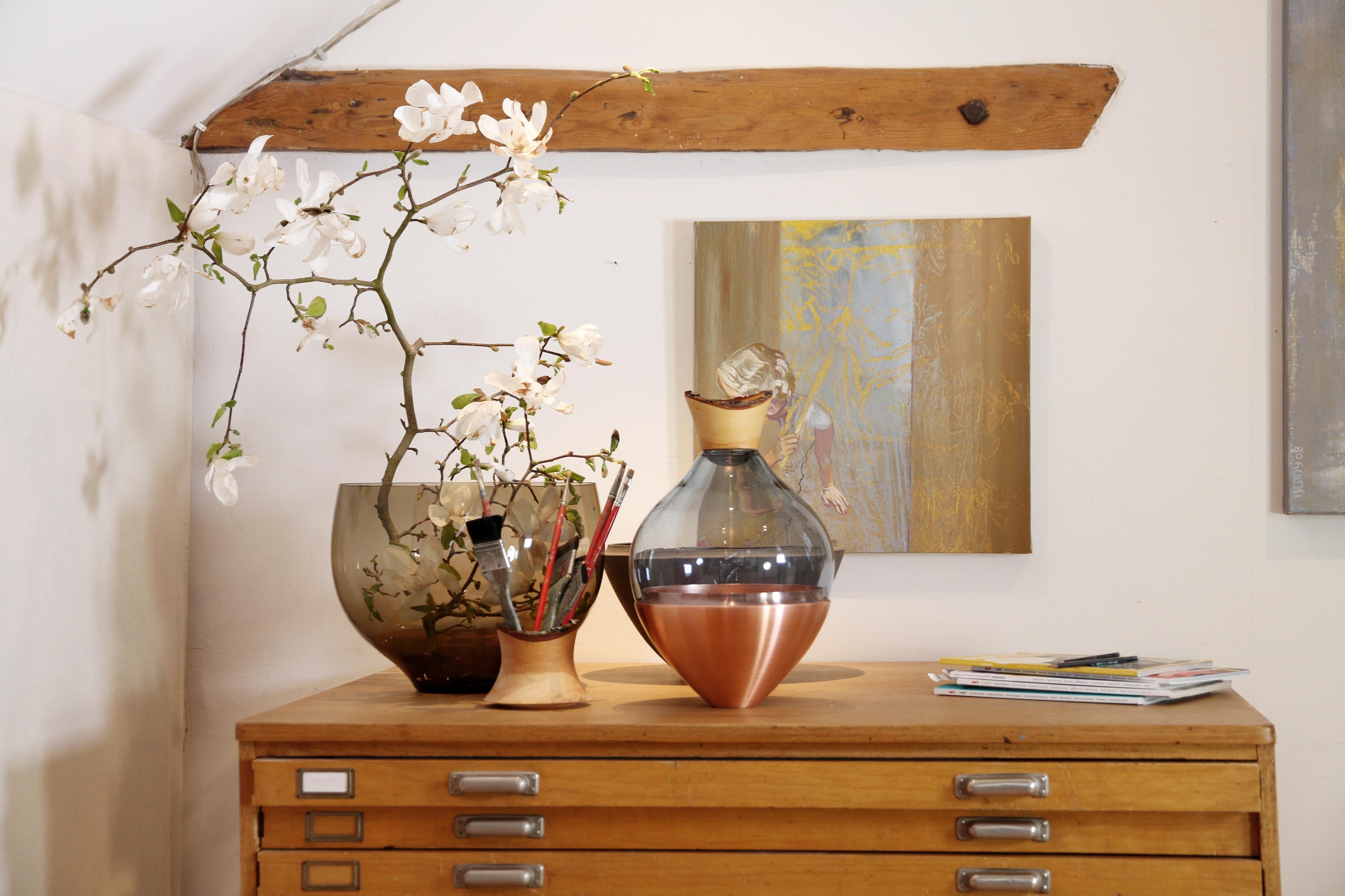 Organic Modern Sculpted Blown Glass and Brass Vase, Pia Wüstenberg