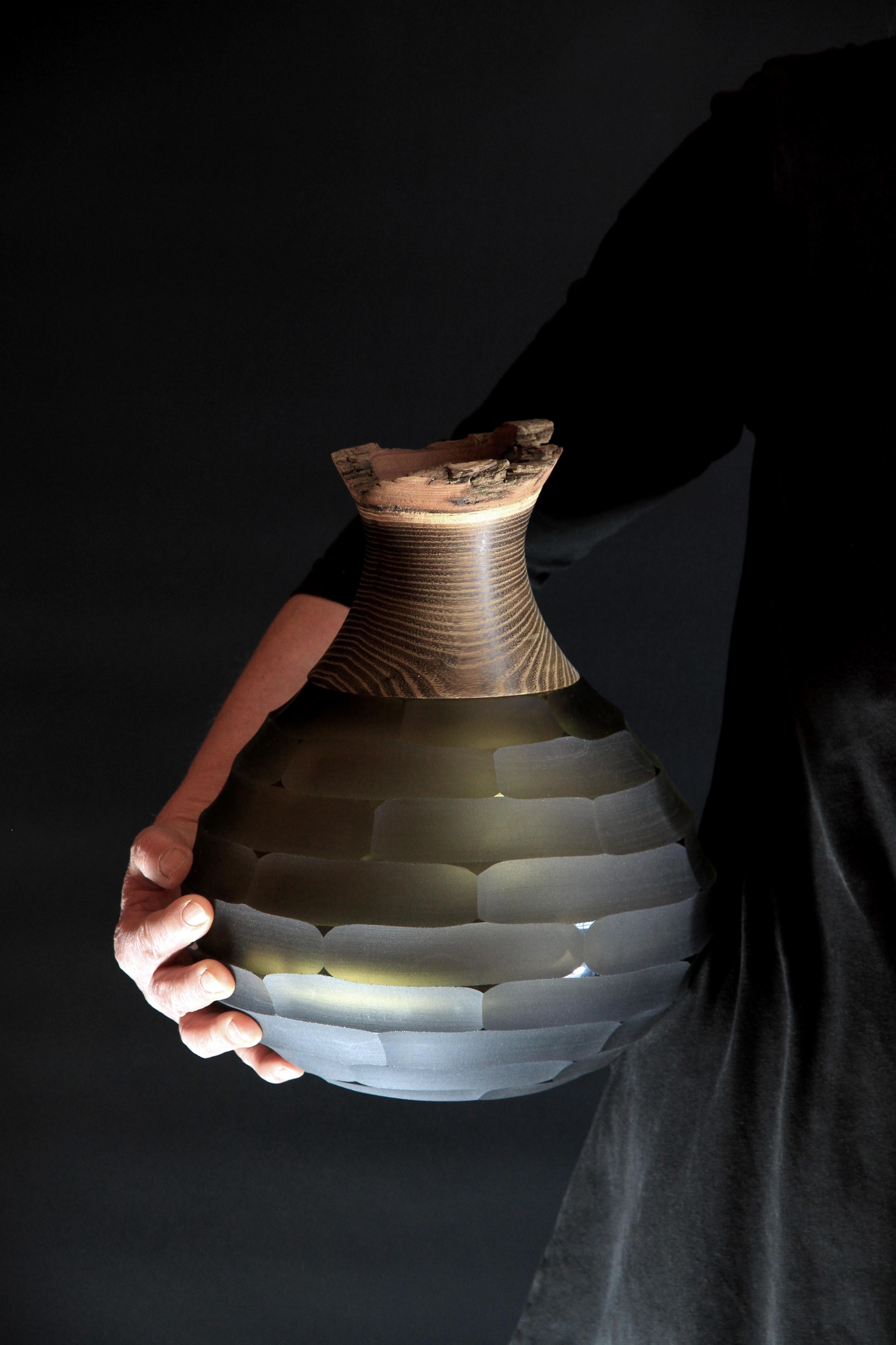 Contemporary Sculpted Blown Glass and Brass Vase, Pia Wüstenberg