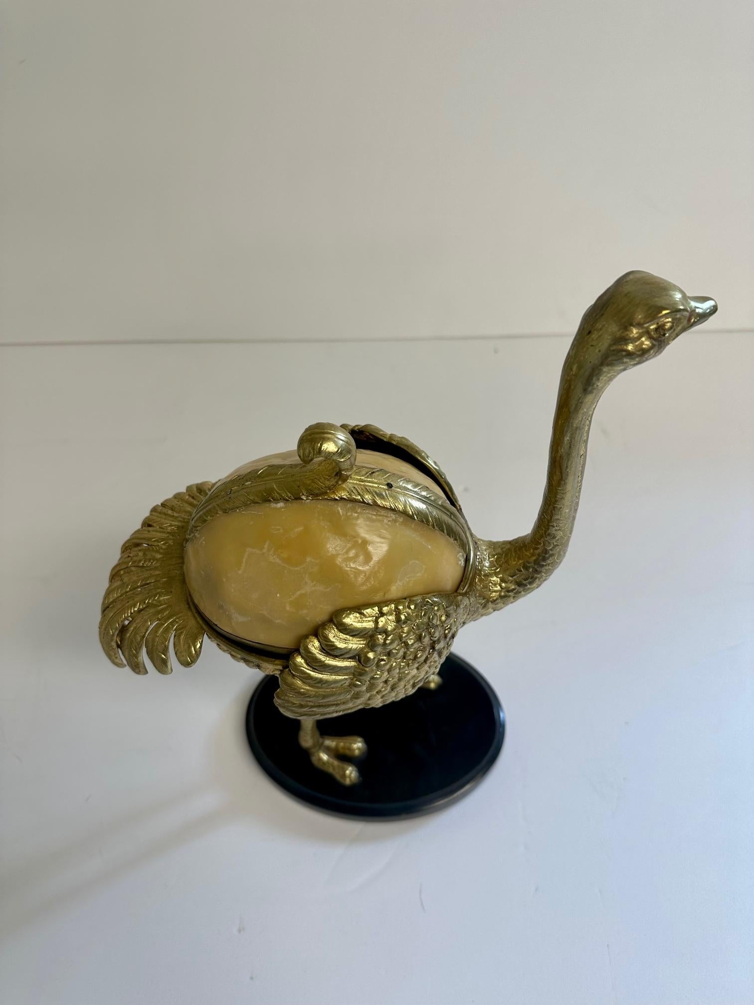 Italian Sculpted Brass Ostrich Box with Resin Top and Marble Base For Sale